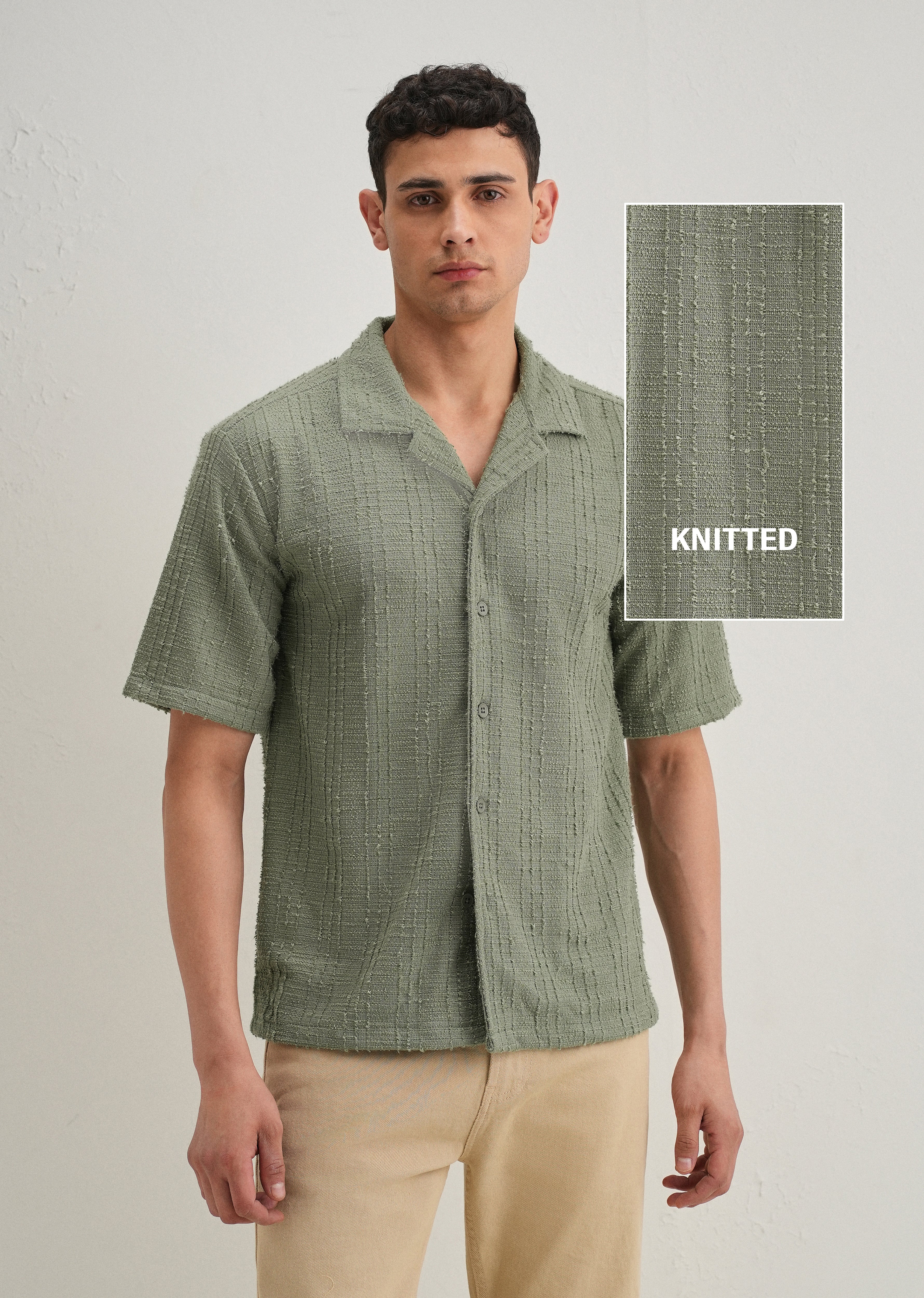 Green Plain Cuban Collar Knitted Shirt