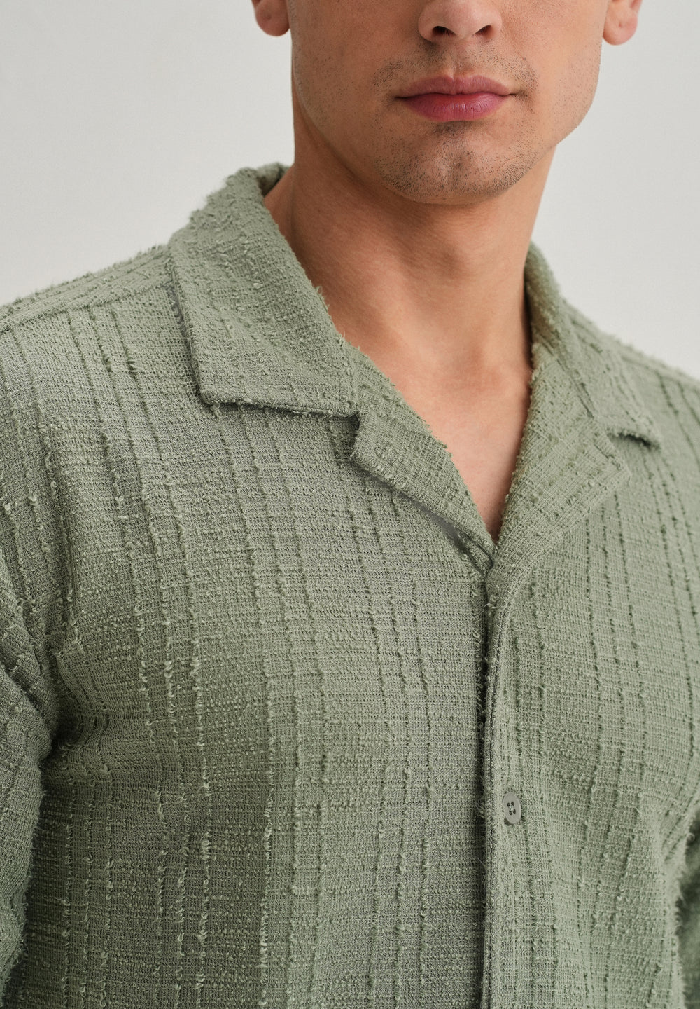 Green Plain Cuban Collar Knitted Shirt