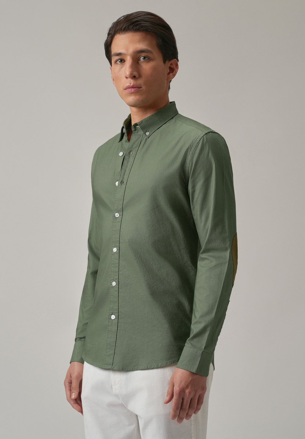 Green Plain Elbow Patch Oxford Shirt