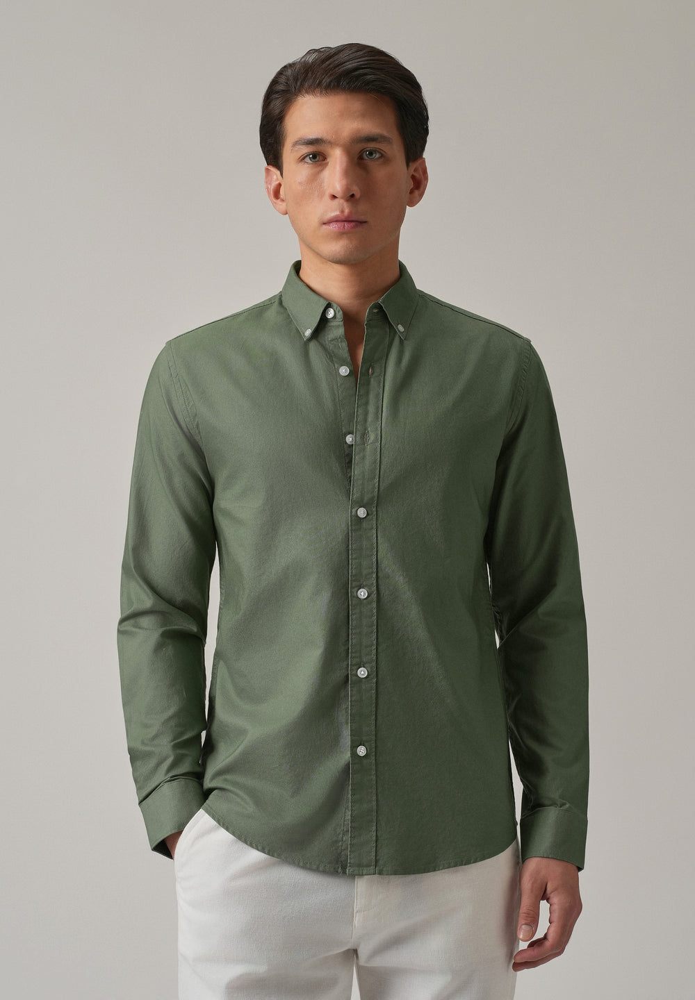 Green Plain Elbow Patch Oxford Shirt