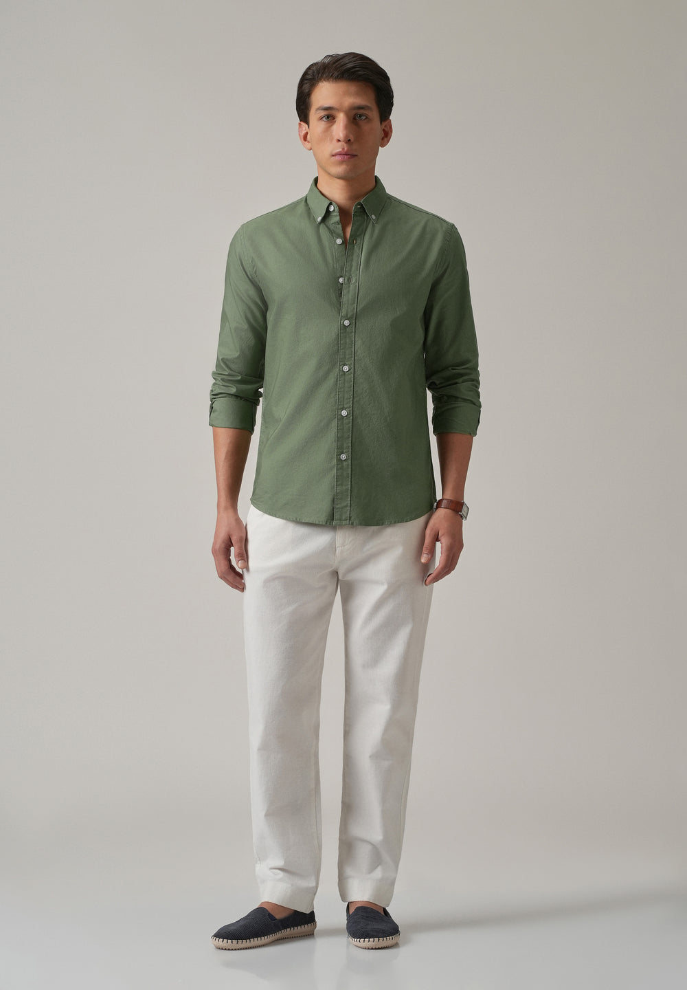 Green Plain Elbow Patch Oxford Shirt