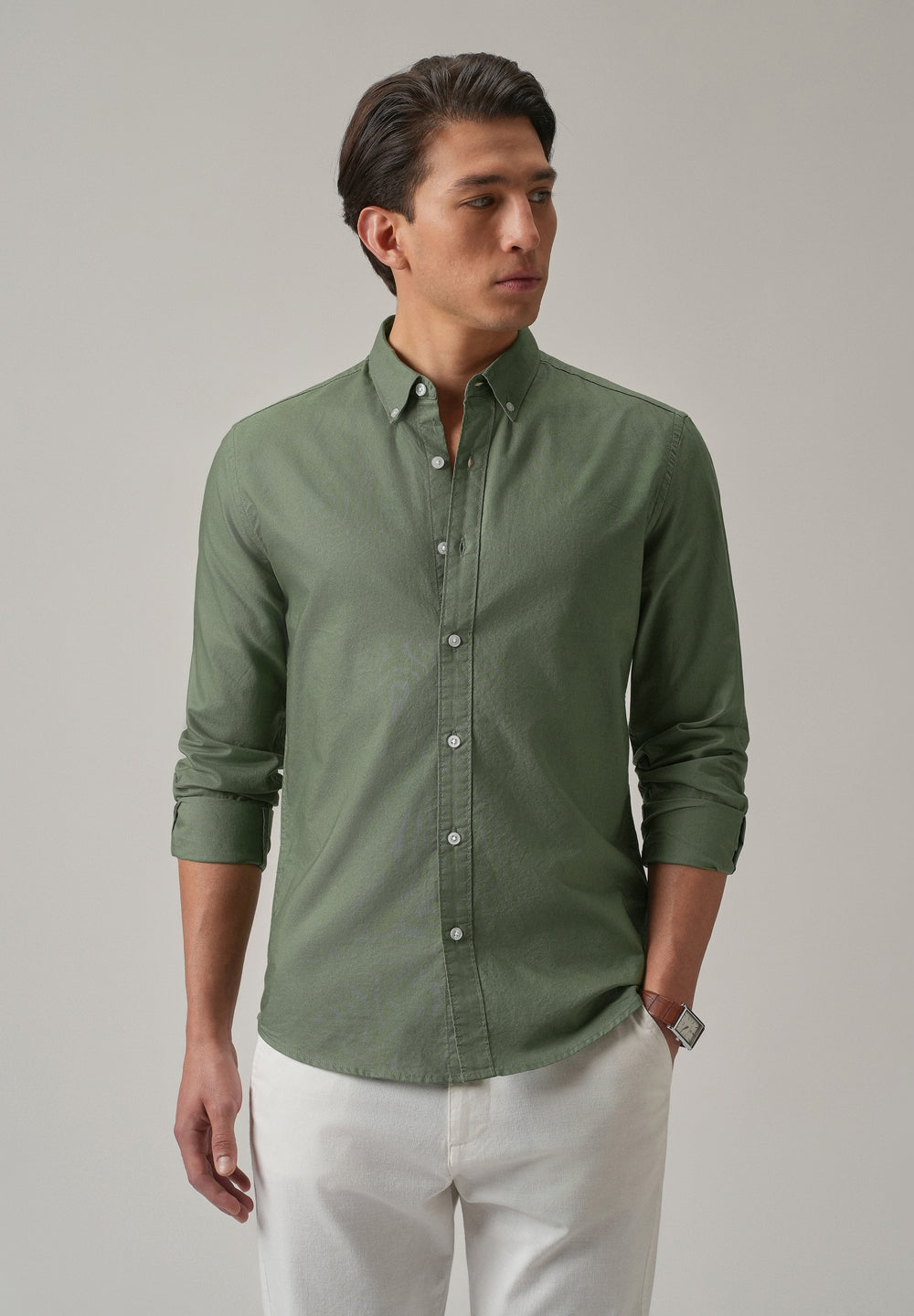 Green Plain Elbow Patch Oxford Shirt