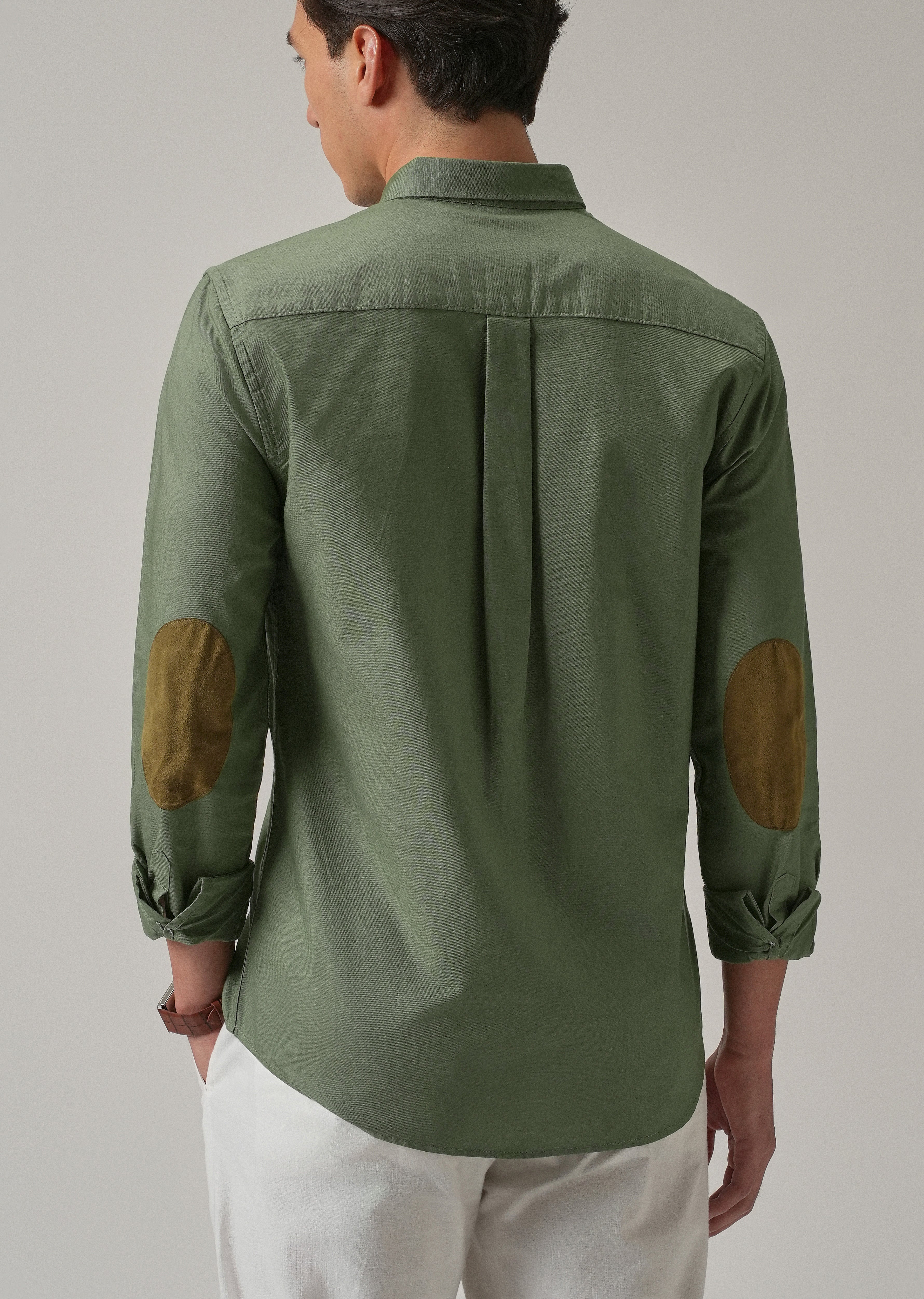 Green Plain Elbow Patch Oxford Shirt