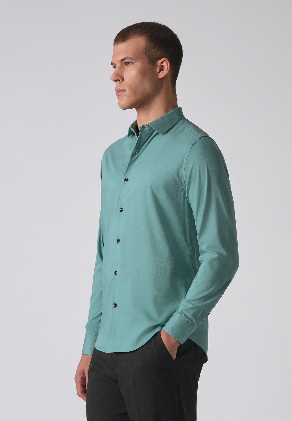 Green Plain Cotton Stretch Shirt