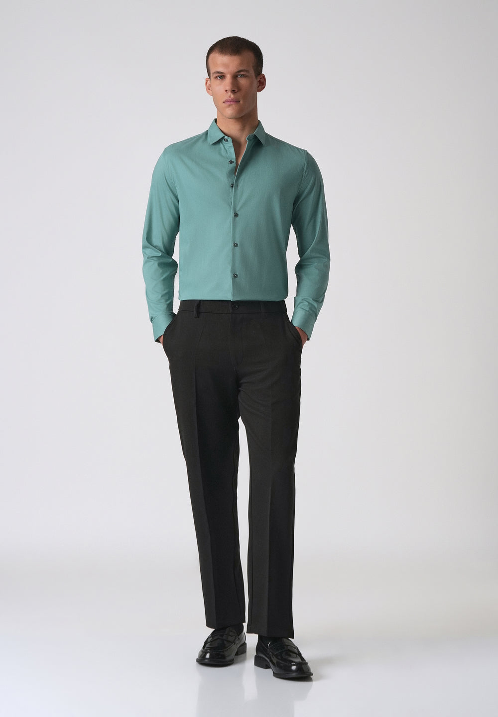 Green Plain Cotton Stretch Shirt