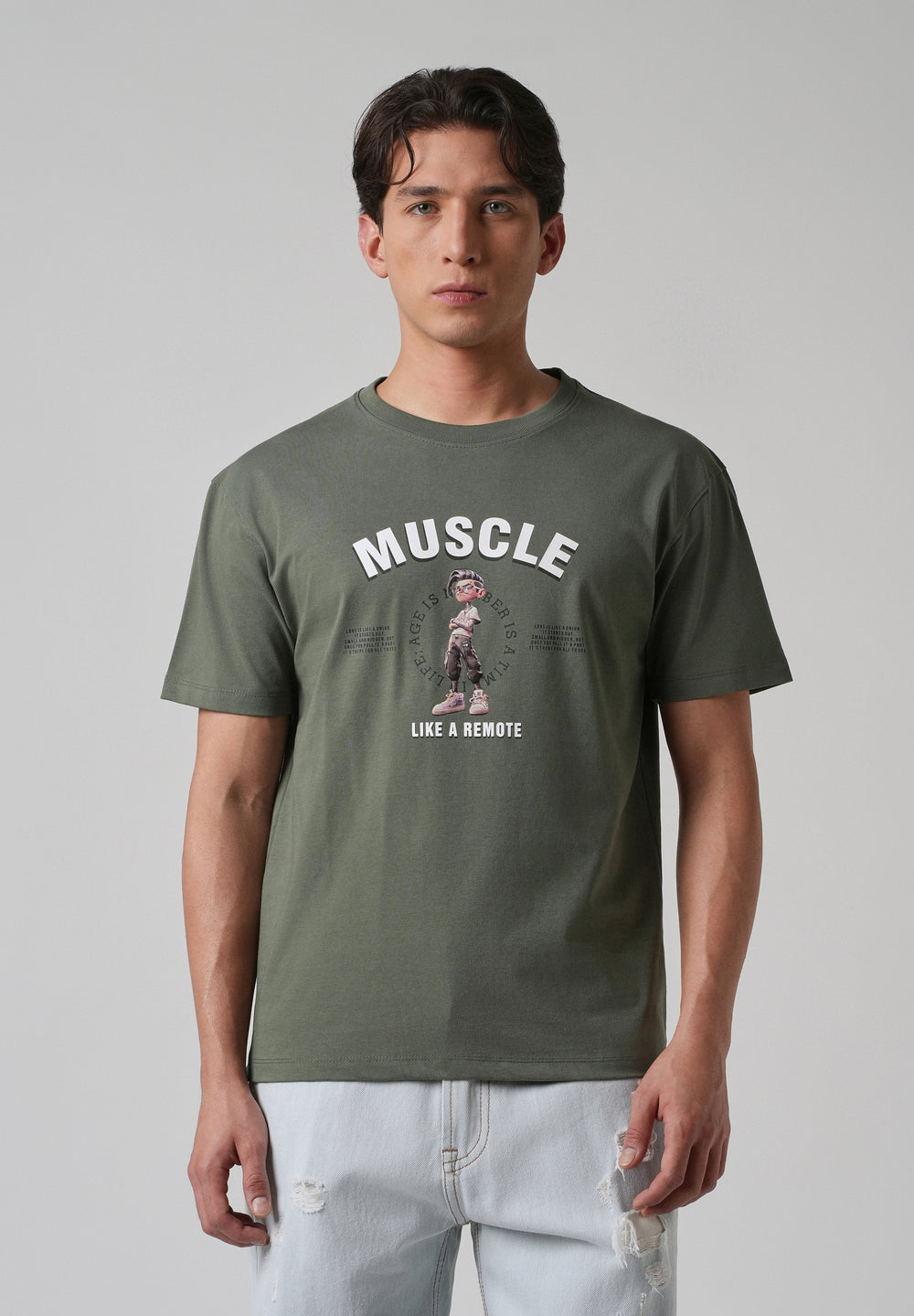 Olive Green Printed Slim Fit T-shirt
