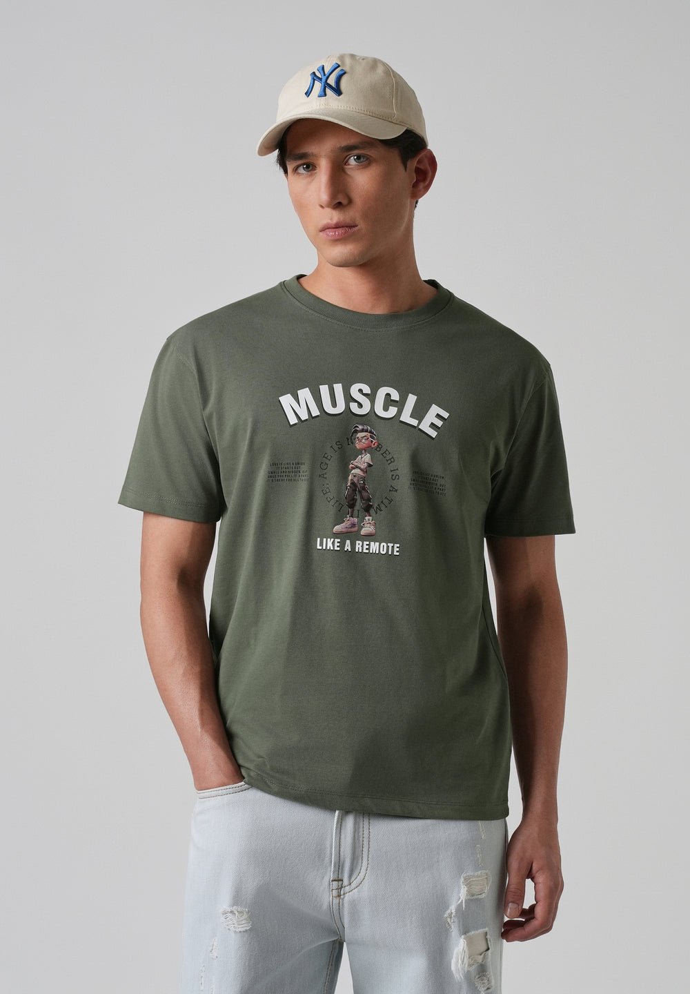 Olive Green Printed Slim Fit T-shirt