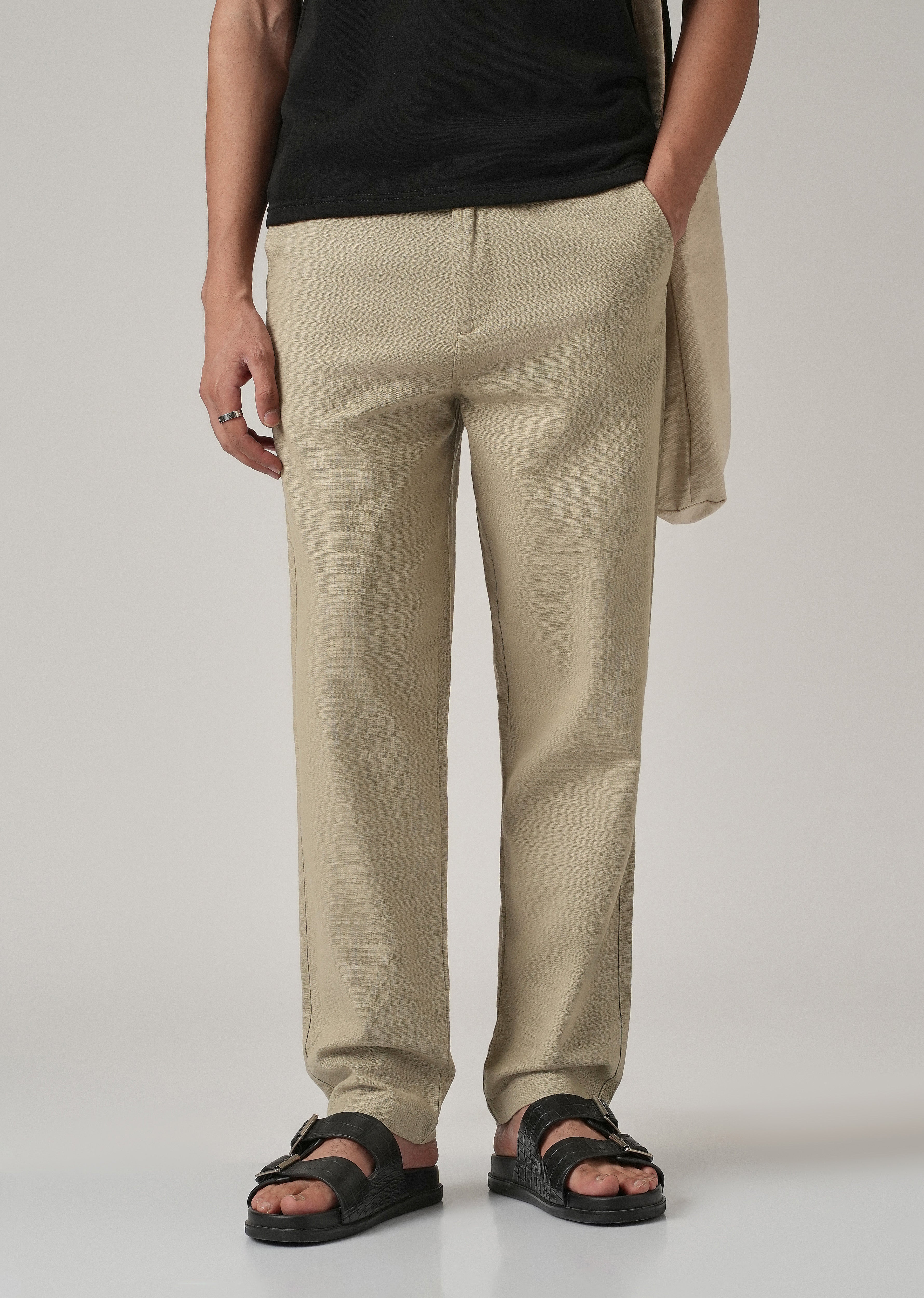 Green Linen-Look Cotton Trousers