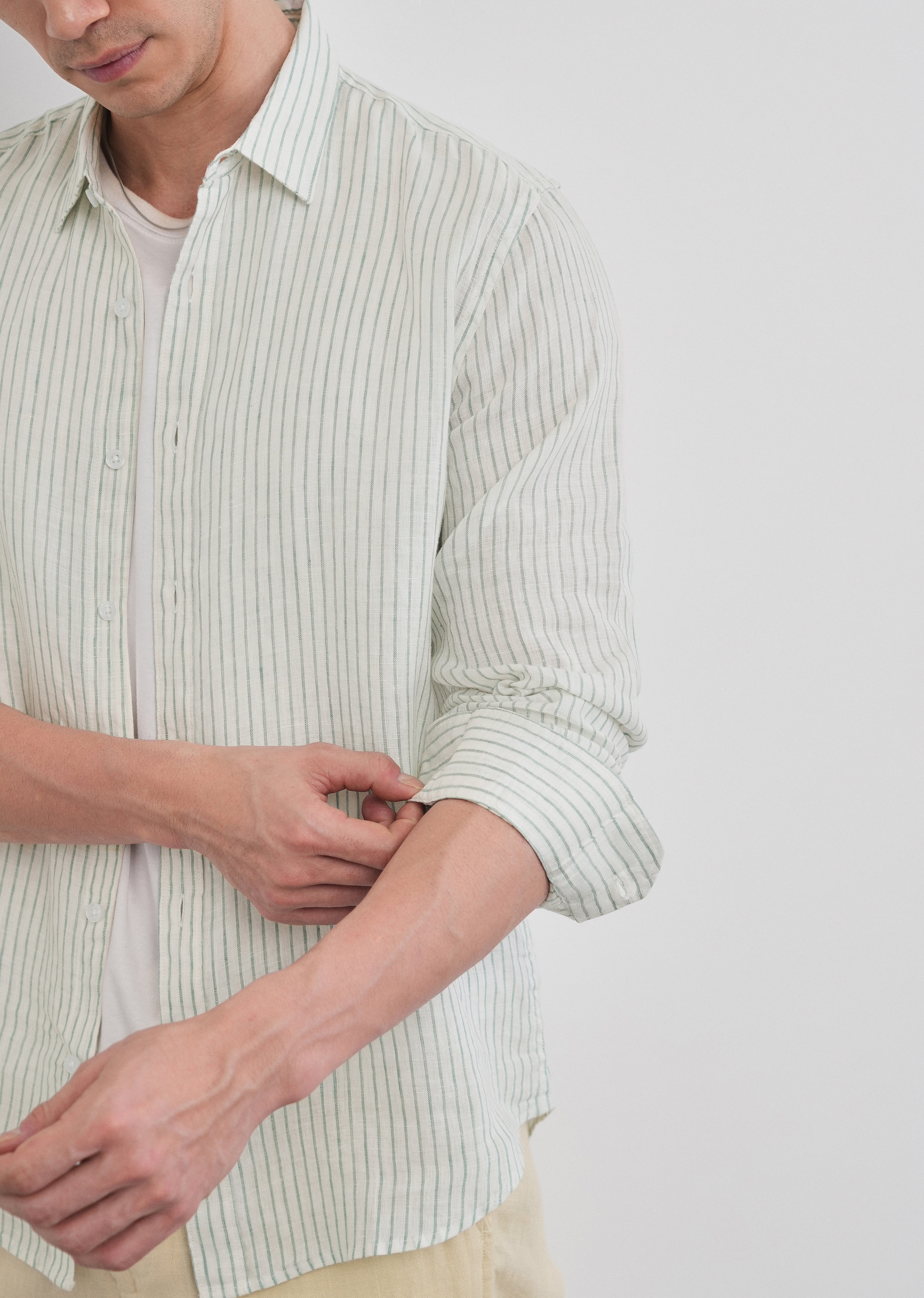 100% Linen Green Self-Stripe Shirt
