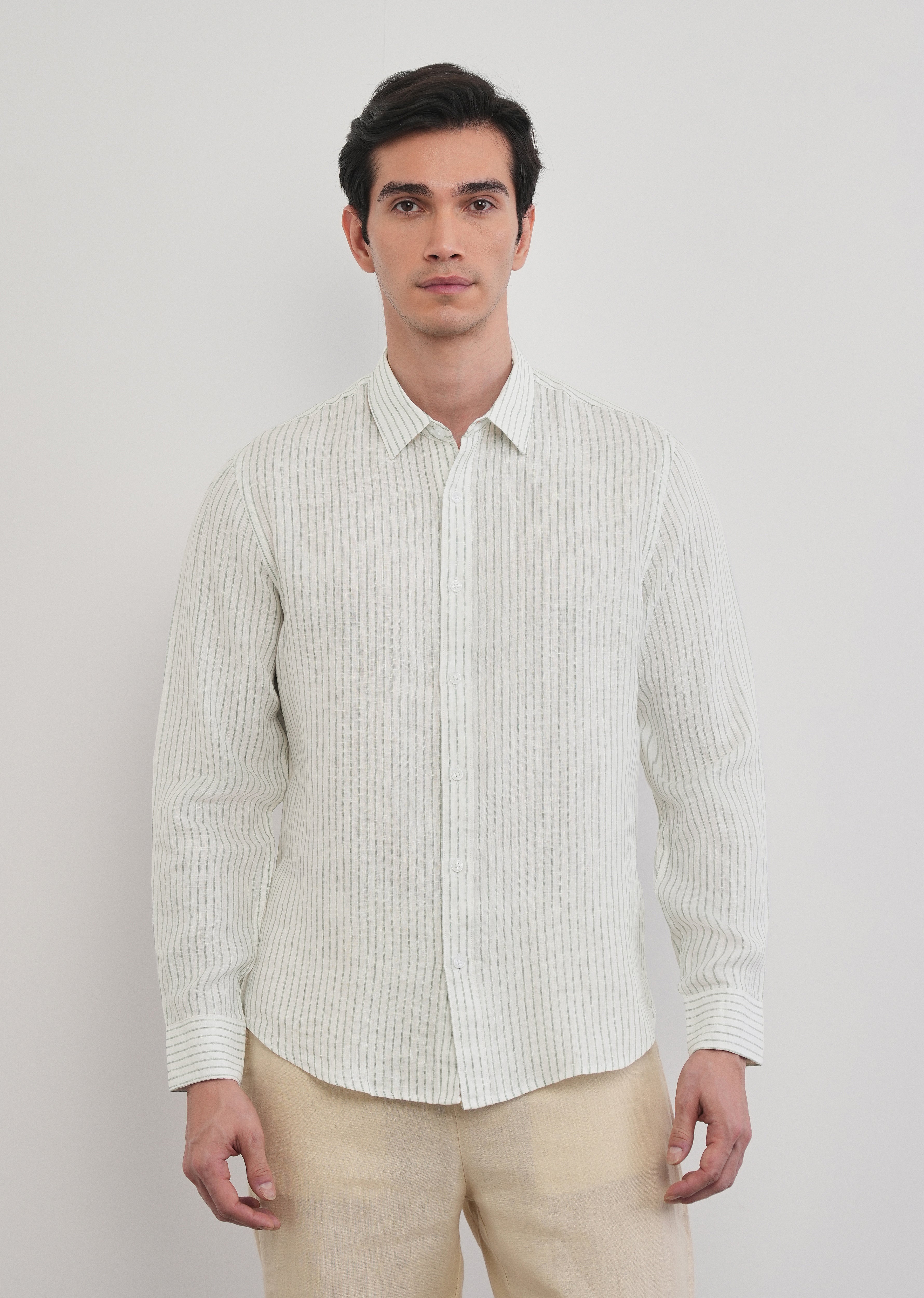 100% Linen Green Self-Stripe Shirt
