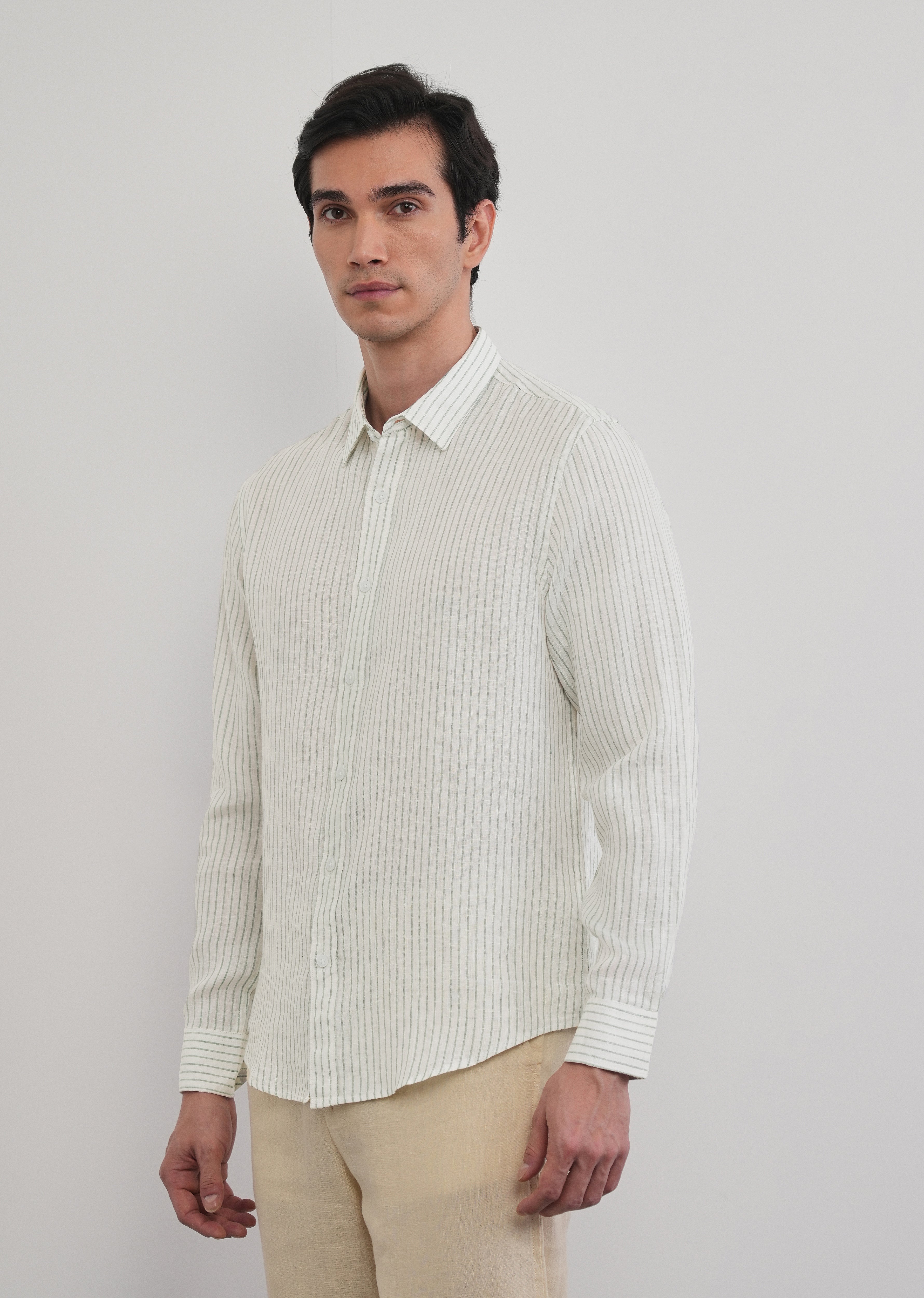 100% Linen Green Self-Stripe Shirt
