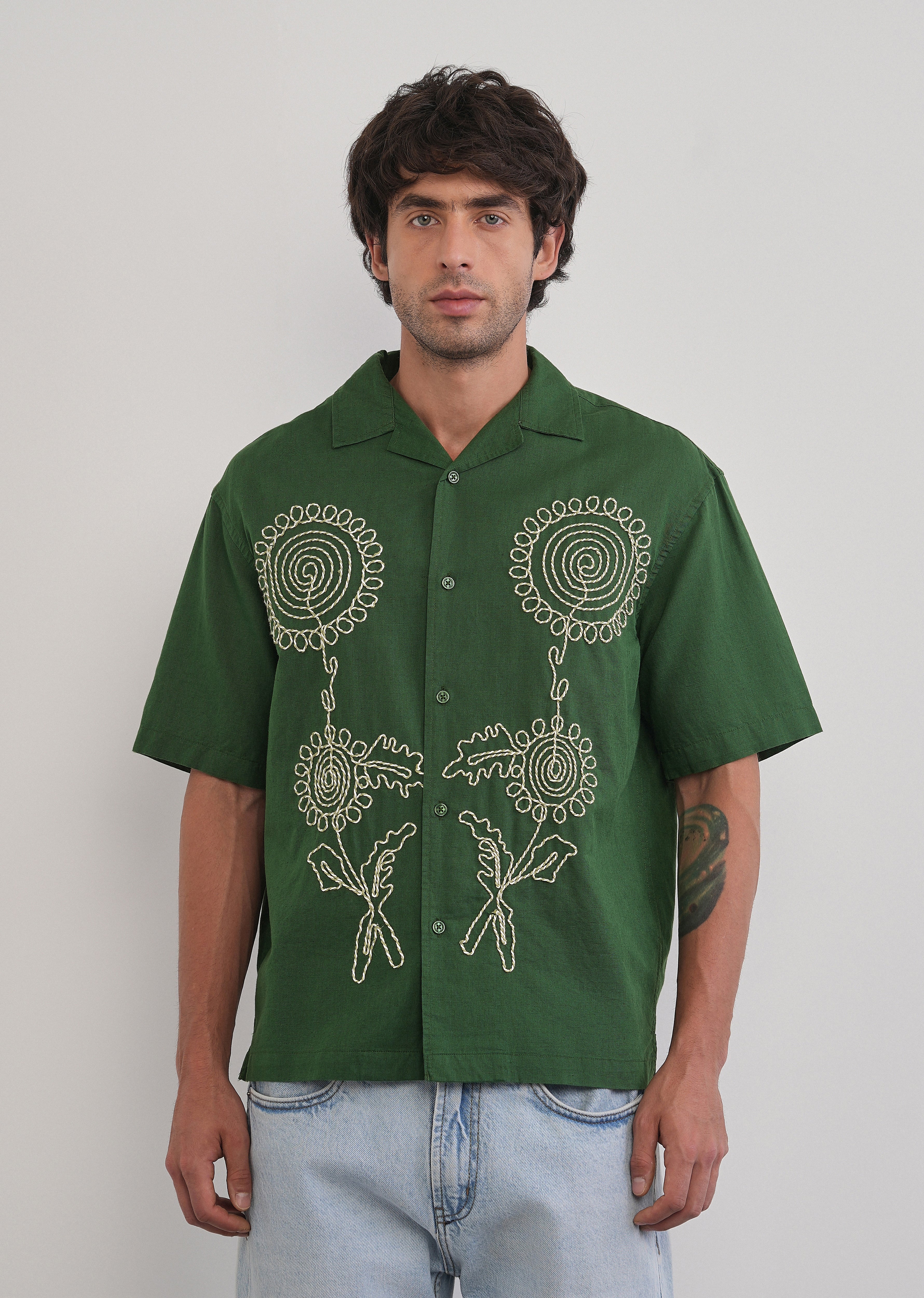 Green Floral Thread Work Shirt