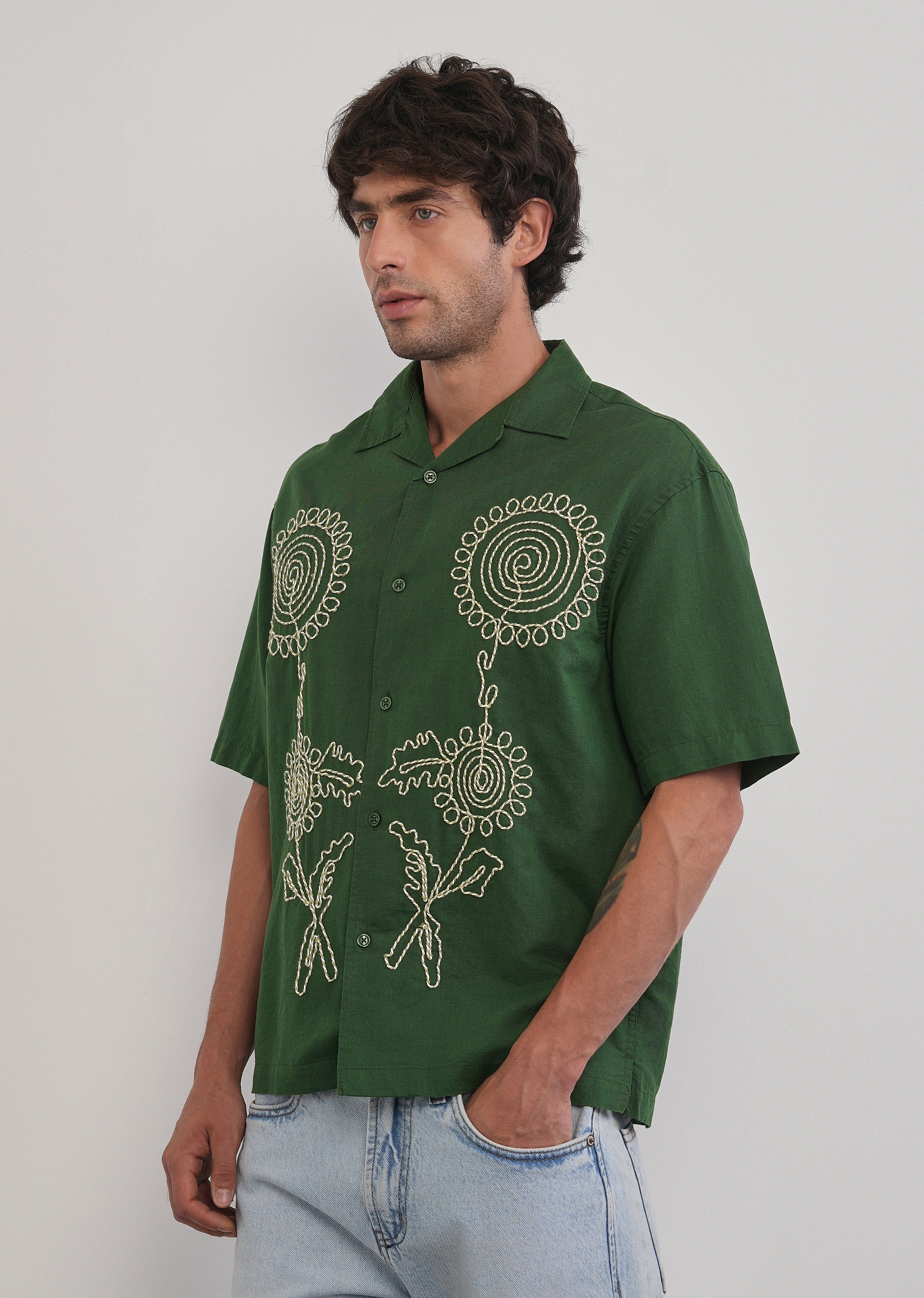 Green Floral Thread Work Shirt