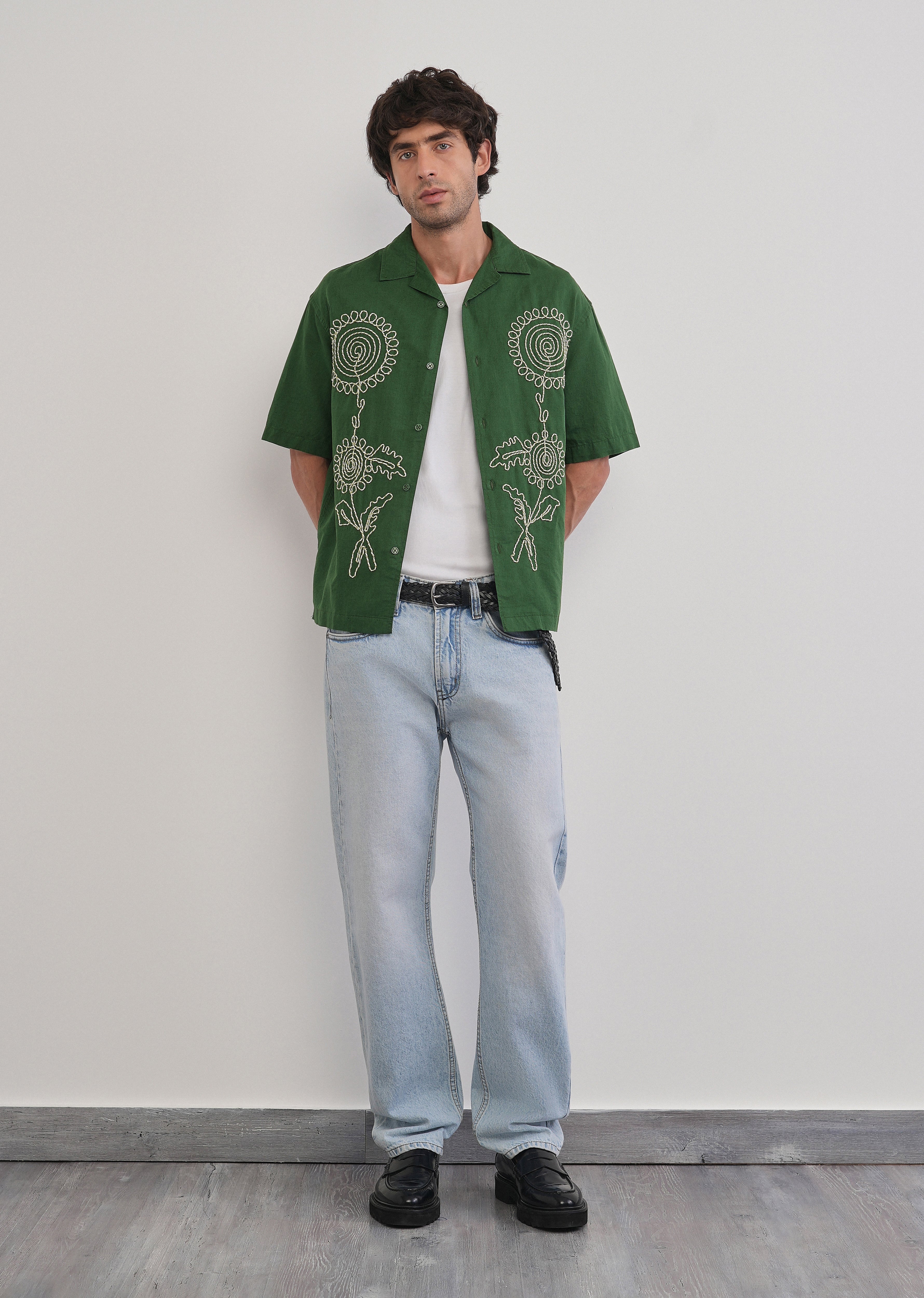 Green Floral Thread Work Shirt