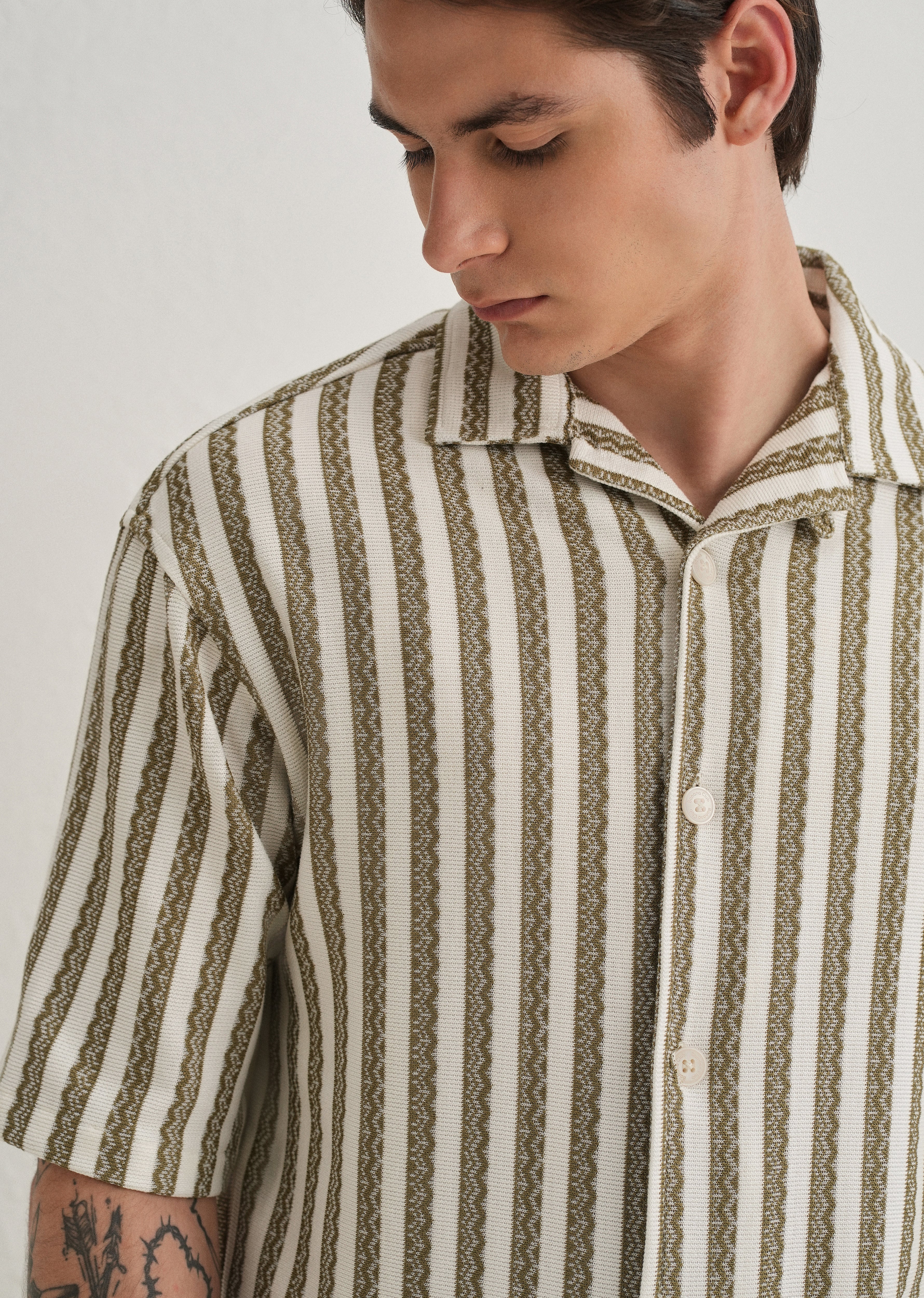Green Striped Knit Cuban Collar Shirt