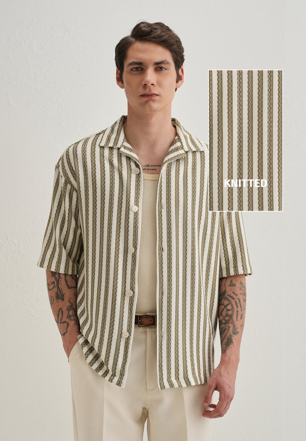 Green Striped Knit Cuban Collar Shirt