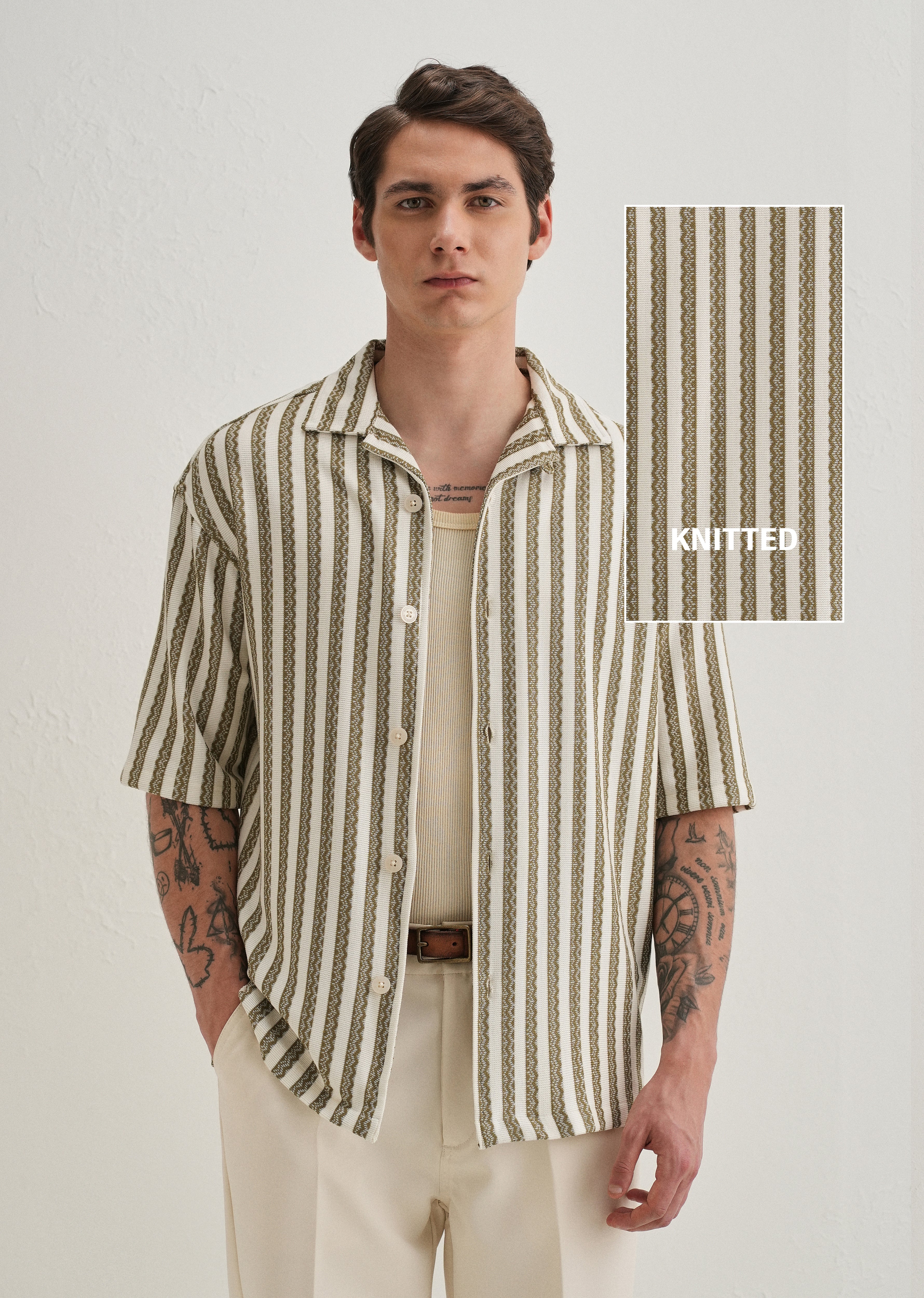 Green Striped Knit Cuban Collar Shirt