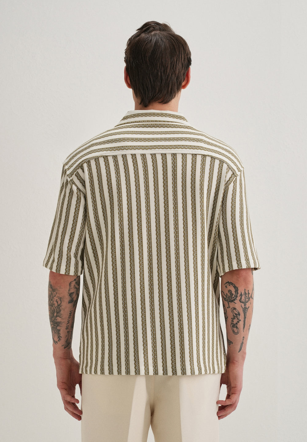 Green Striped Knit Cuban Collar Shirt