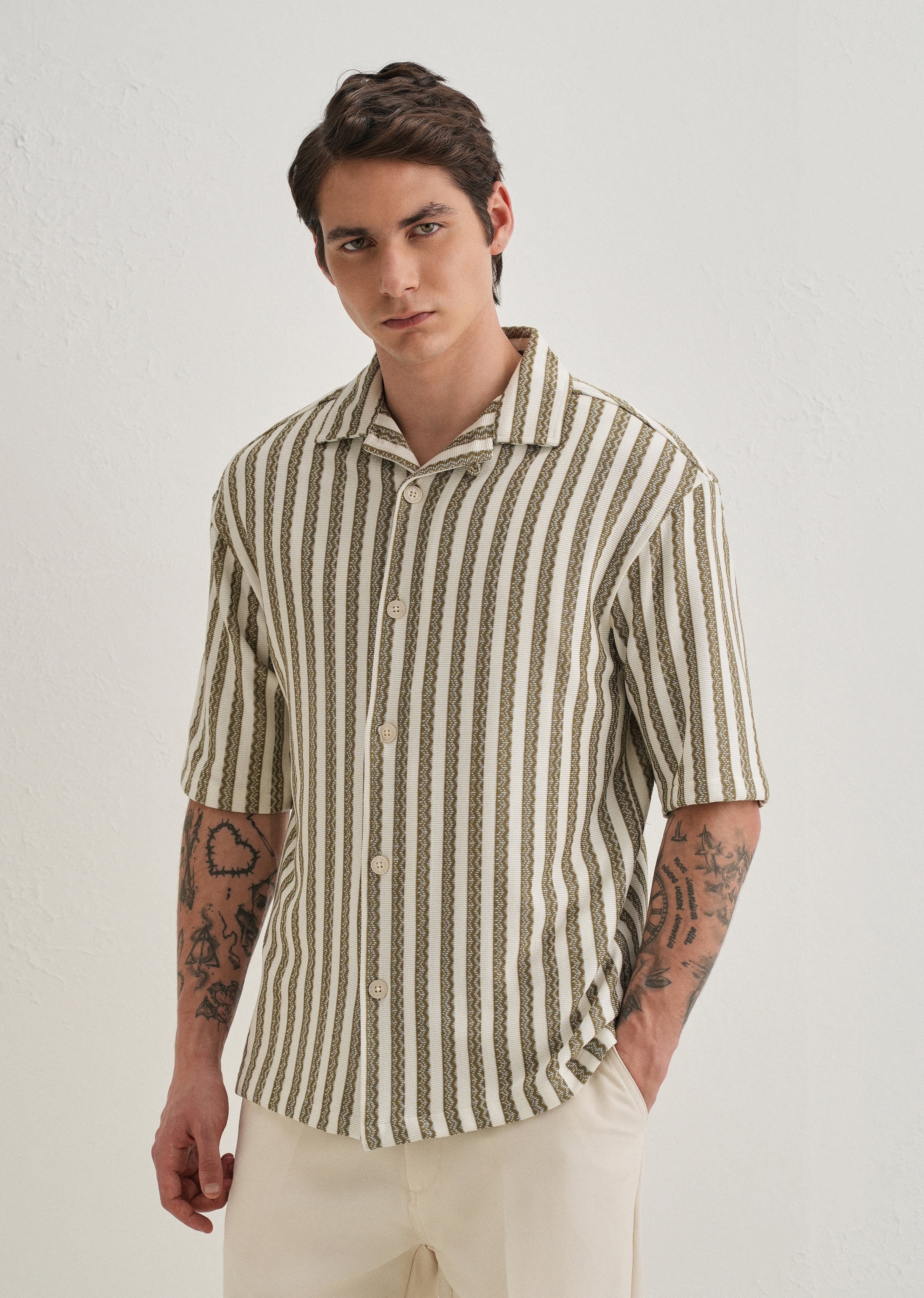 Green Striped Knit Cuban Collar Shirt