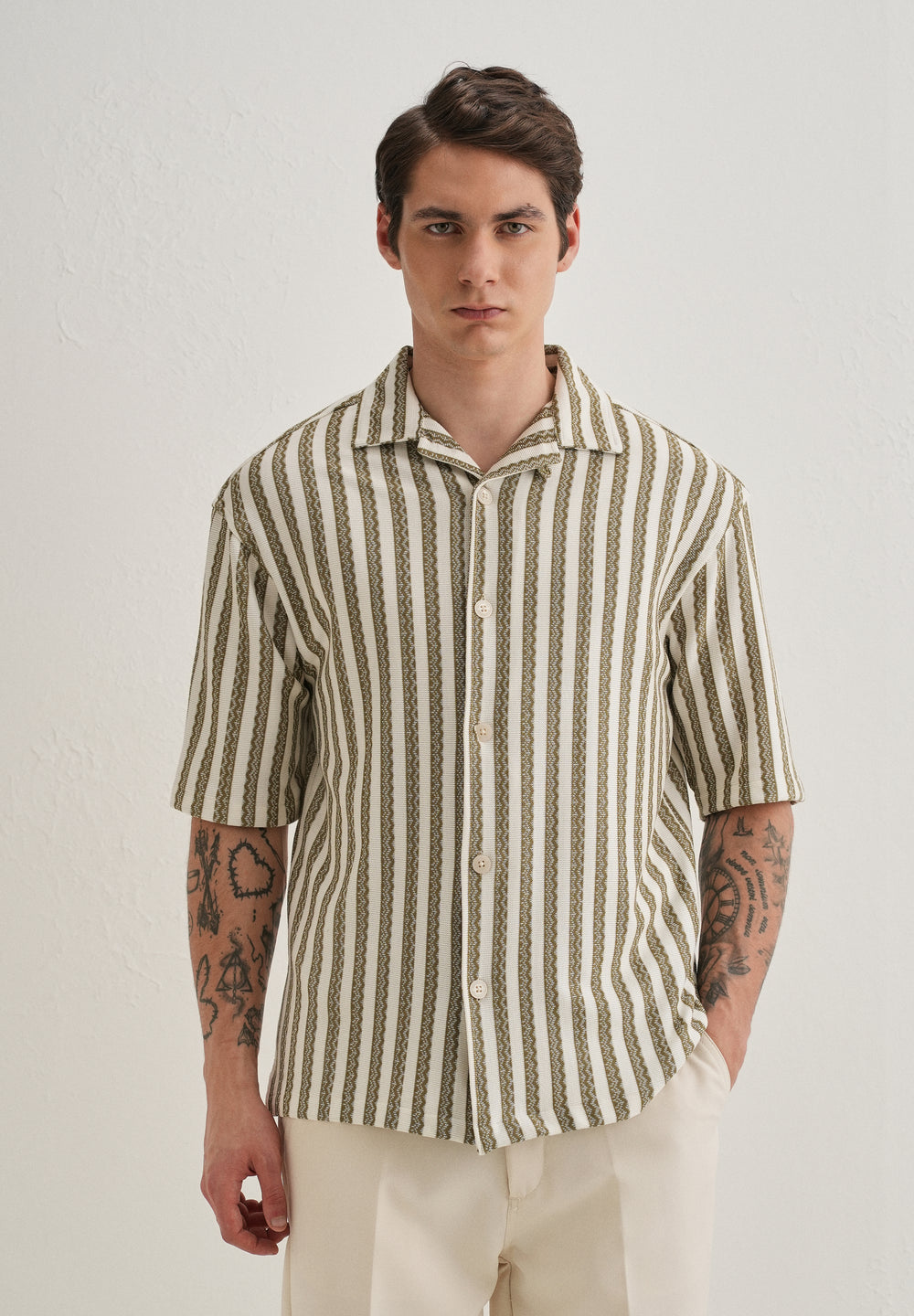 Green Striped Knit Cuban Collar Shirt