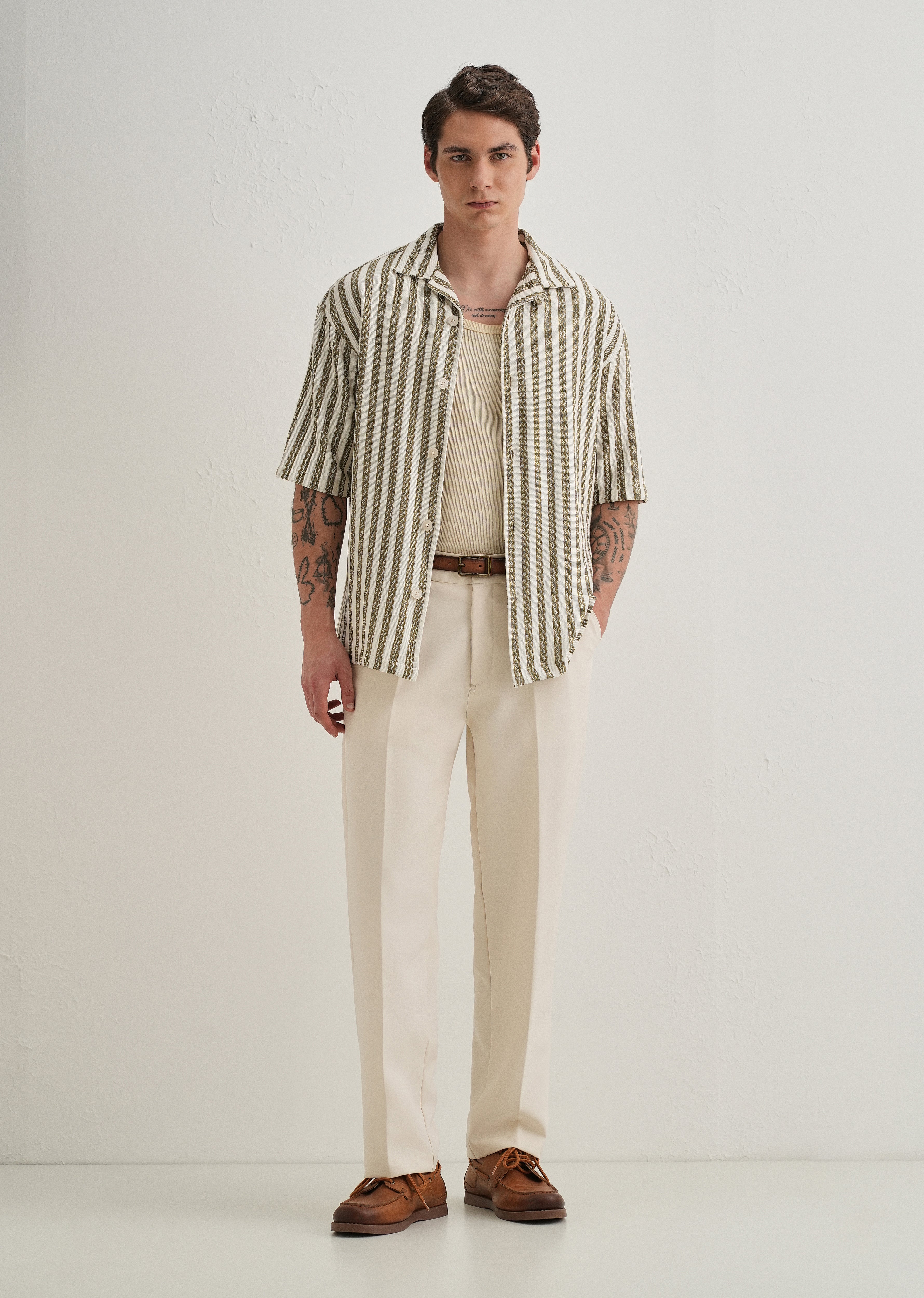 Green Striped Knit Cuban Collar Shirt