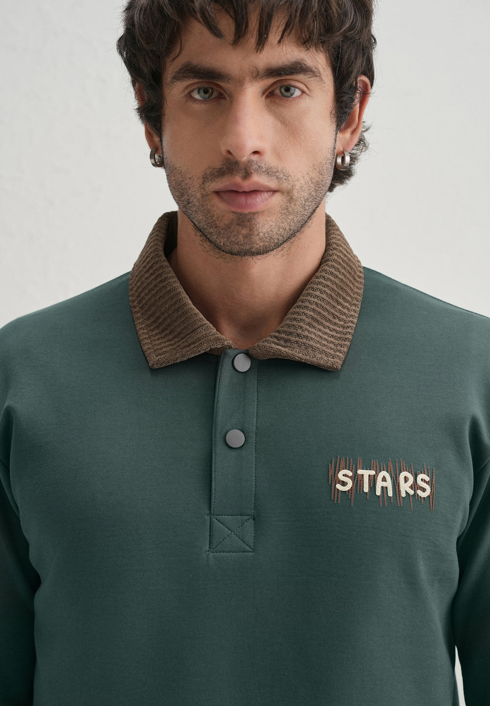 Green Suede Collared Polo Sweatshirt