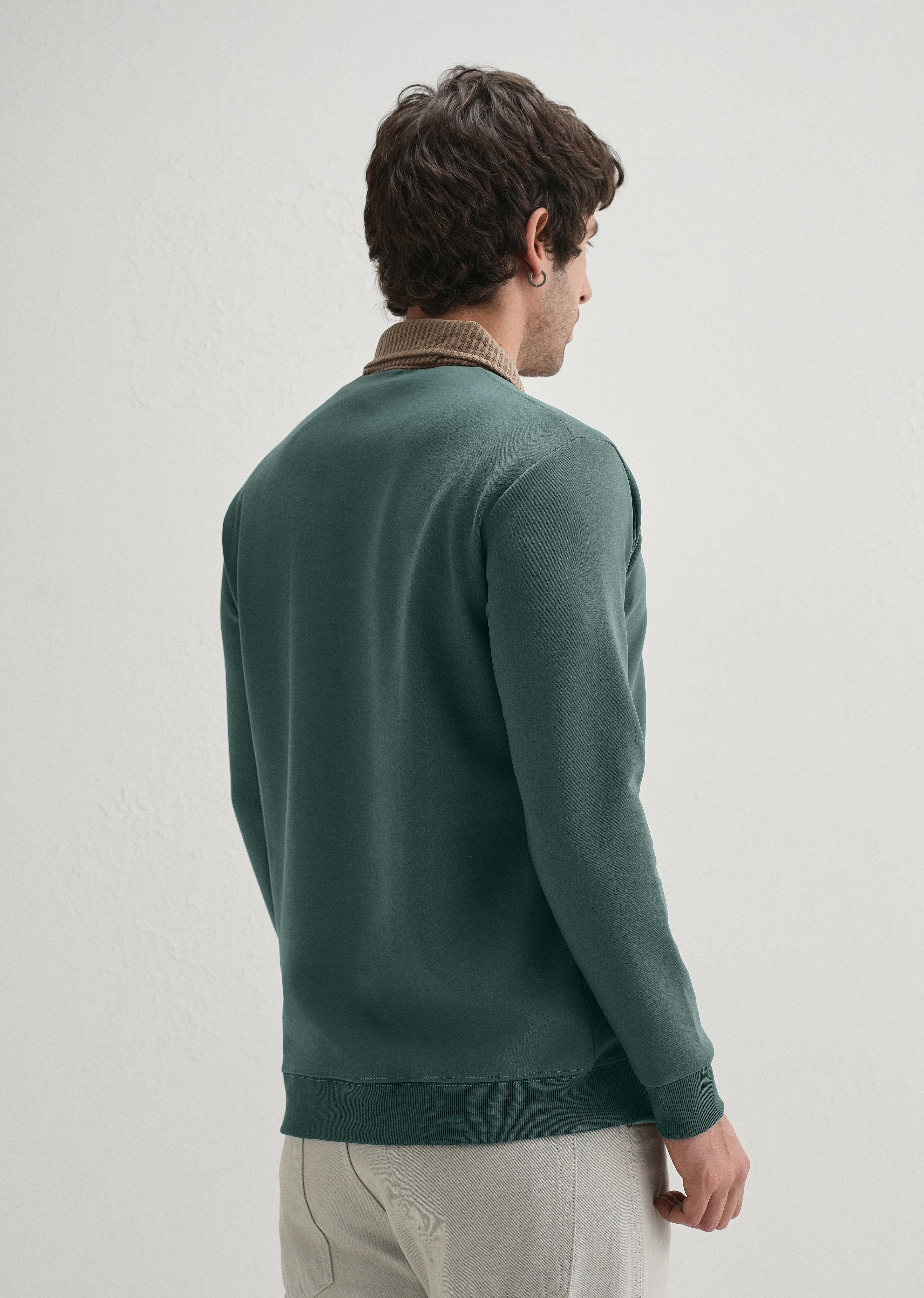Green Suede Collared Polo Sweatshirt