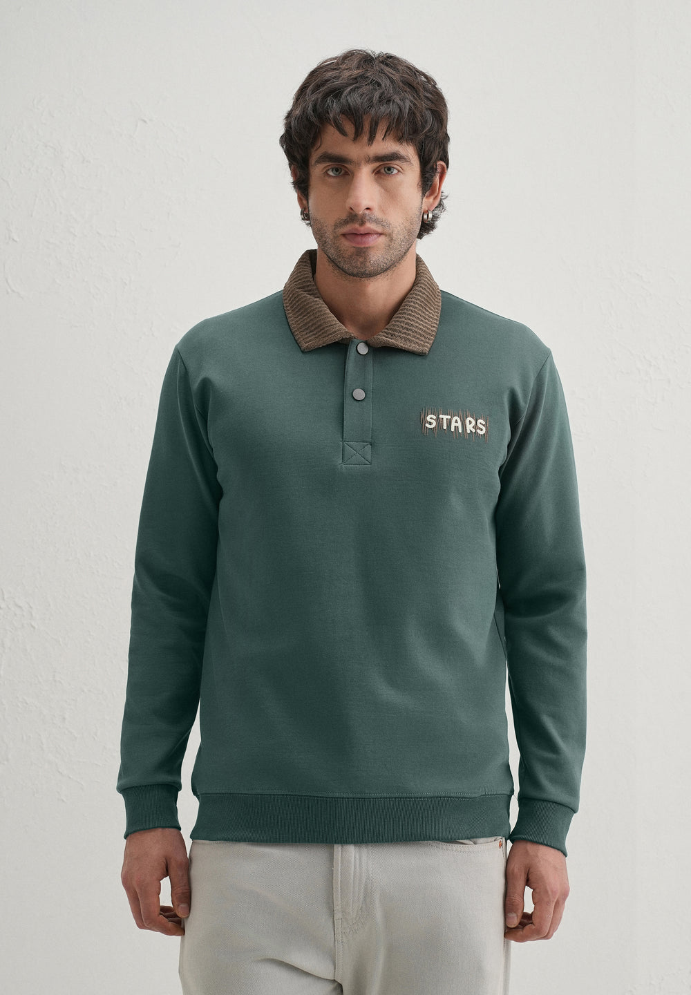 Green Suede Collared Polo Sweatshirt