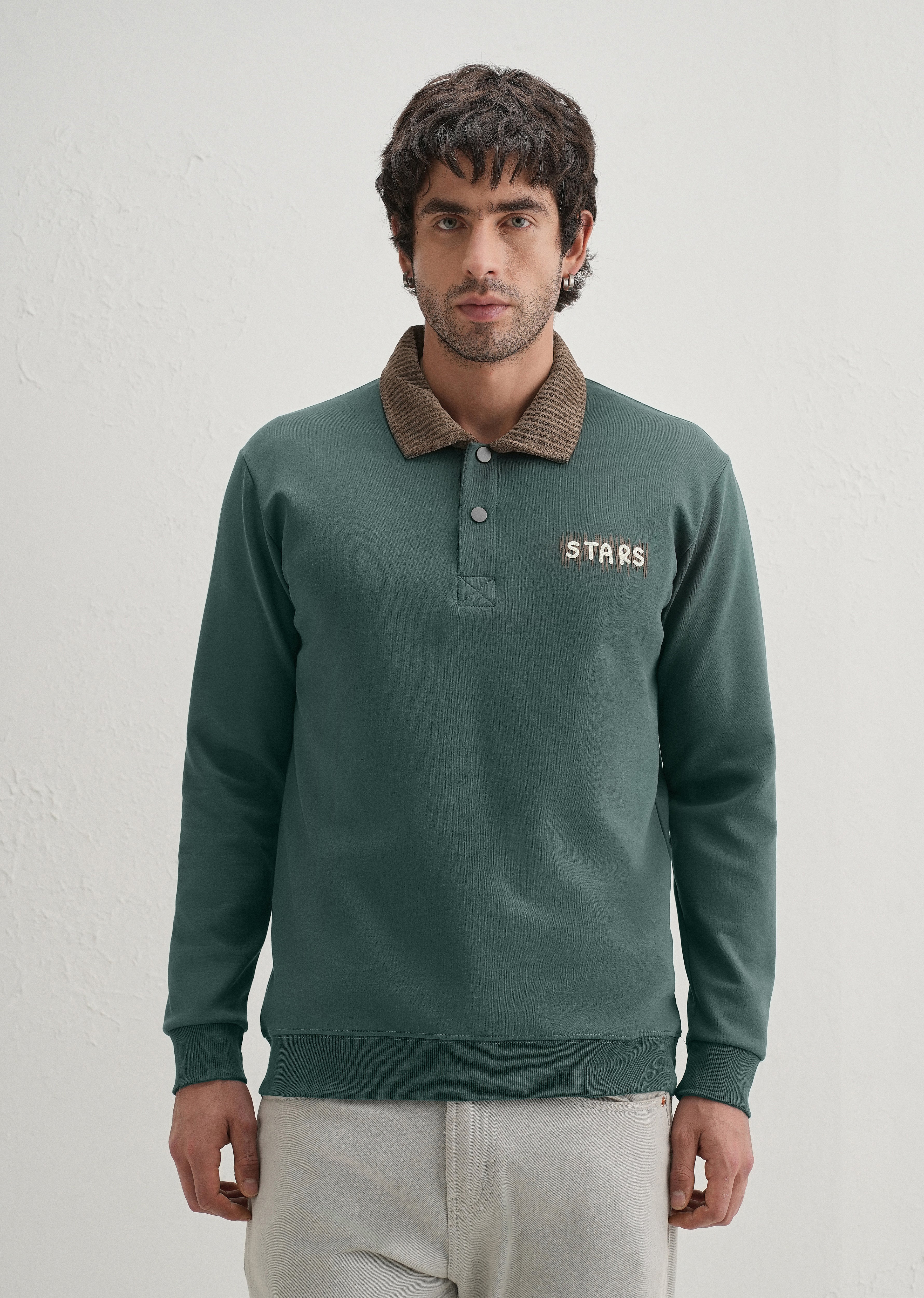 Green Suede Collared Polo Sweatshirt