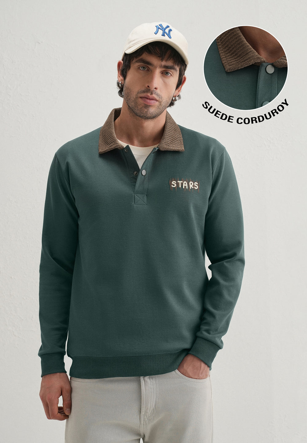 Green Suede Collared Polo Sweatshirt