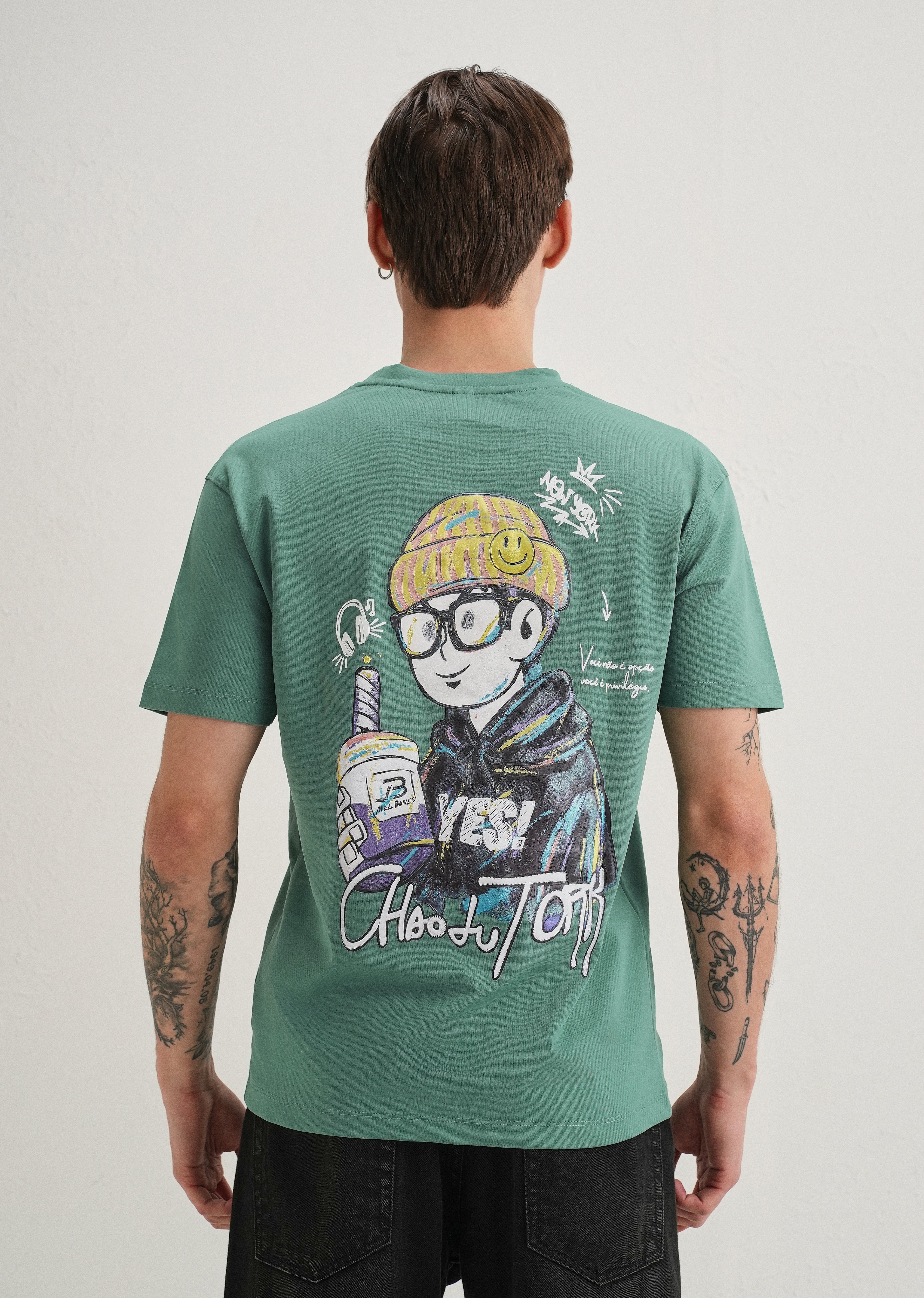 Green Textured Back Print T-Shirt