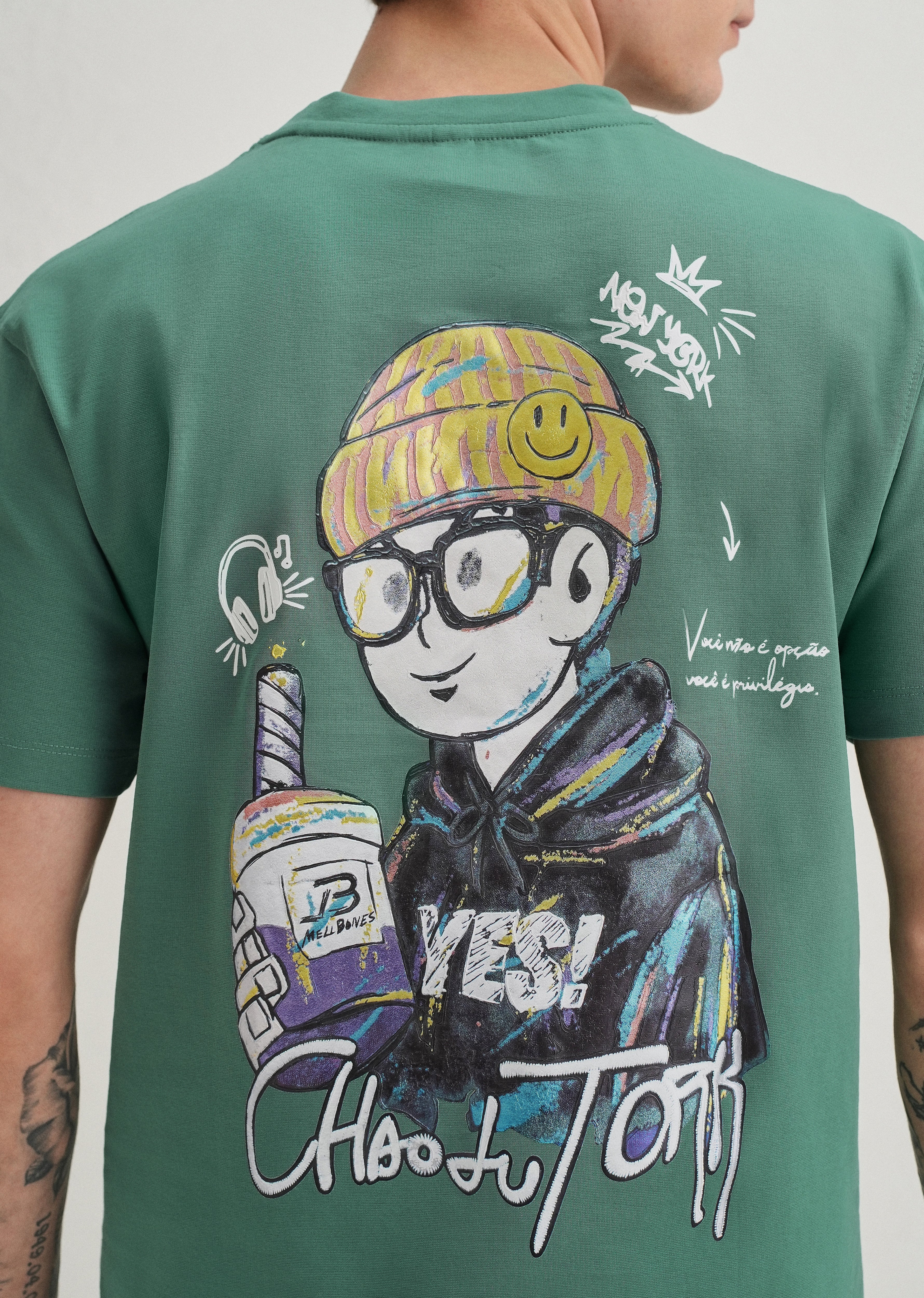 Green Textured Back Print T-Shirt