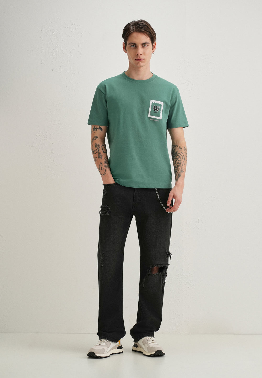 Green Textured Back Print T-Shirt