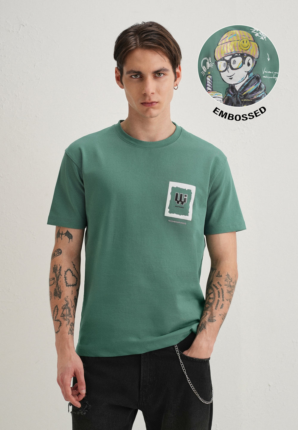 Green Textured Back Print T-Shirt
