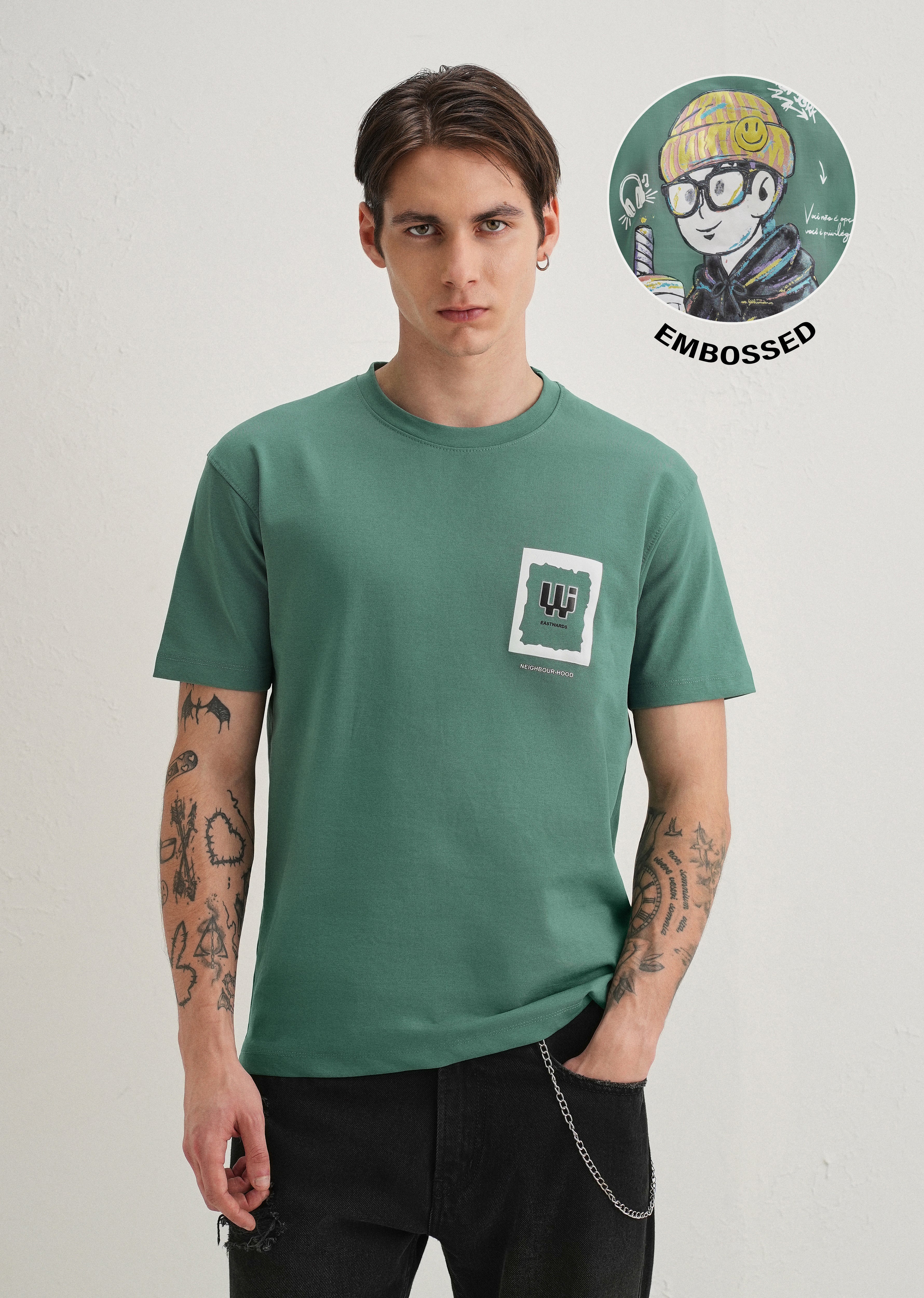 Green Textured Back Print T-Shirt