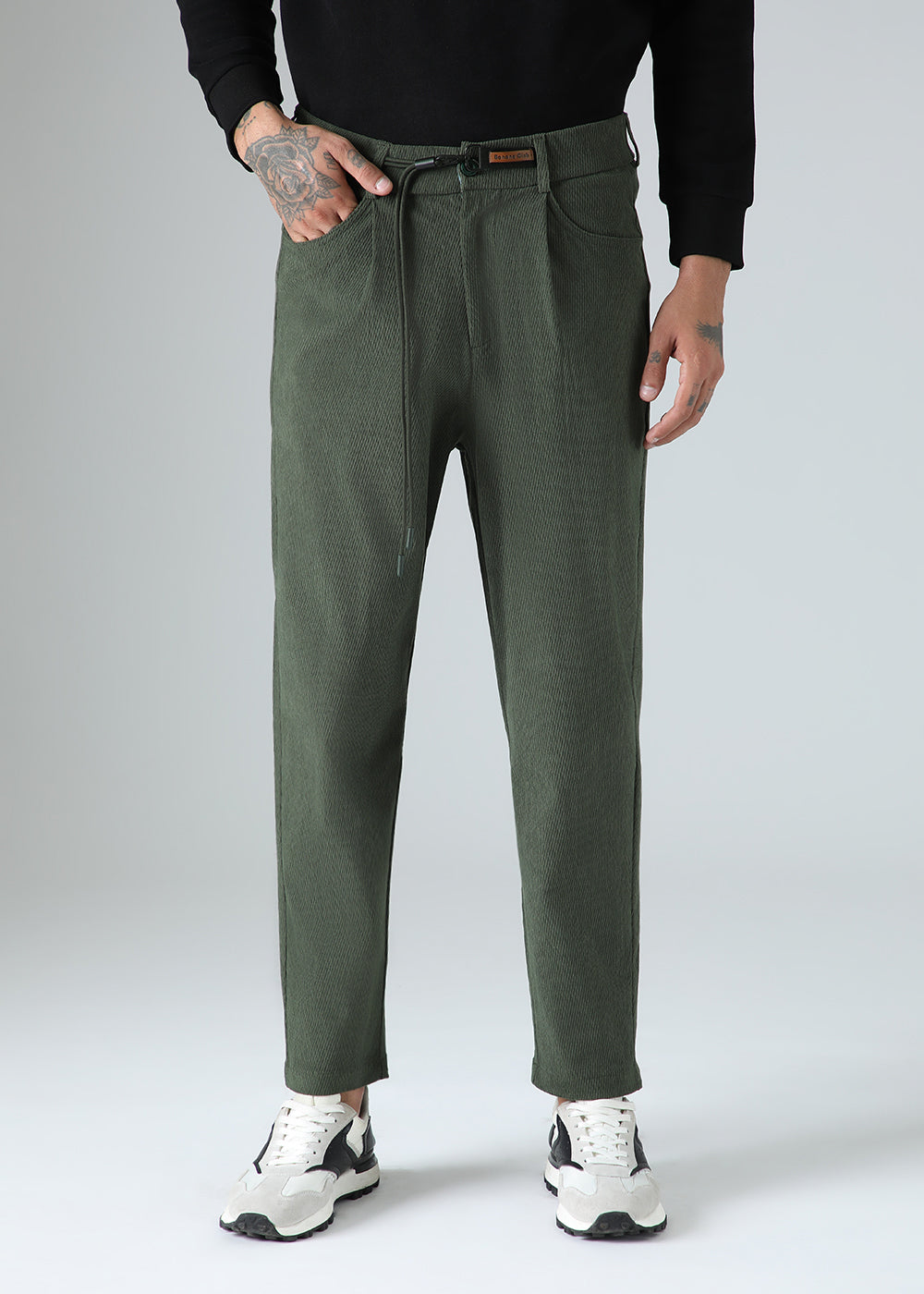 Green Textured Corduroy Drawstring Pant