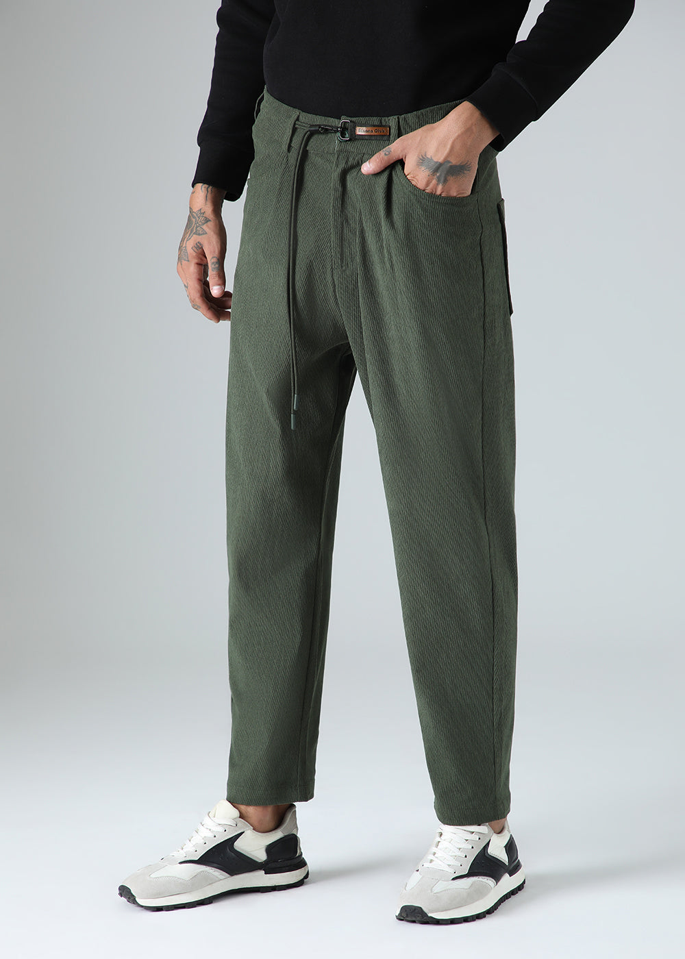 Green Textured Corduroy Drawstring Pant