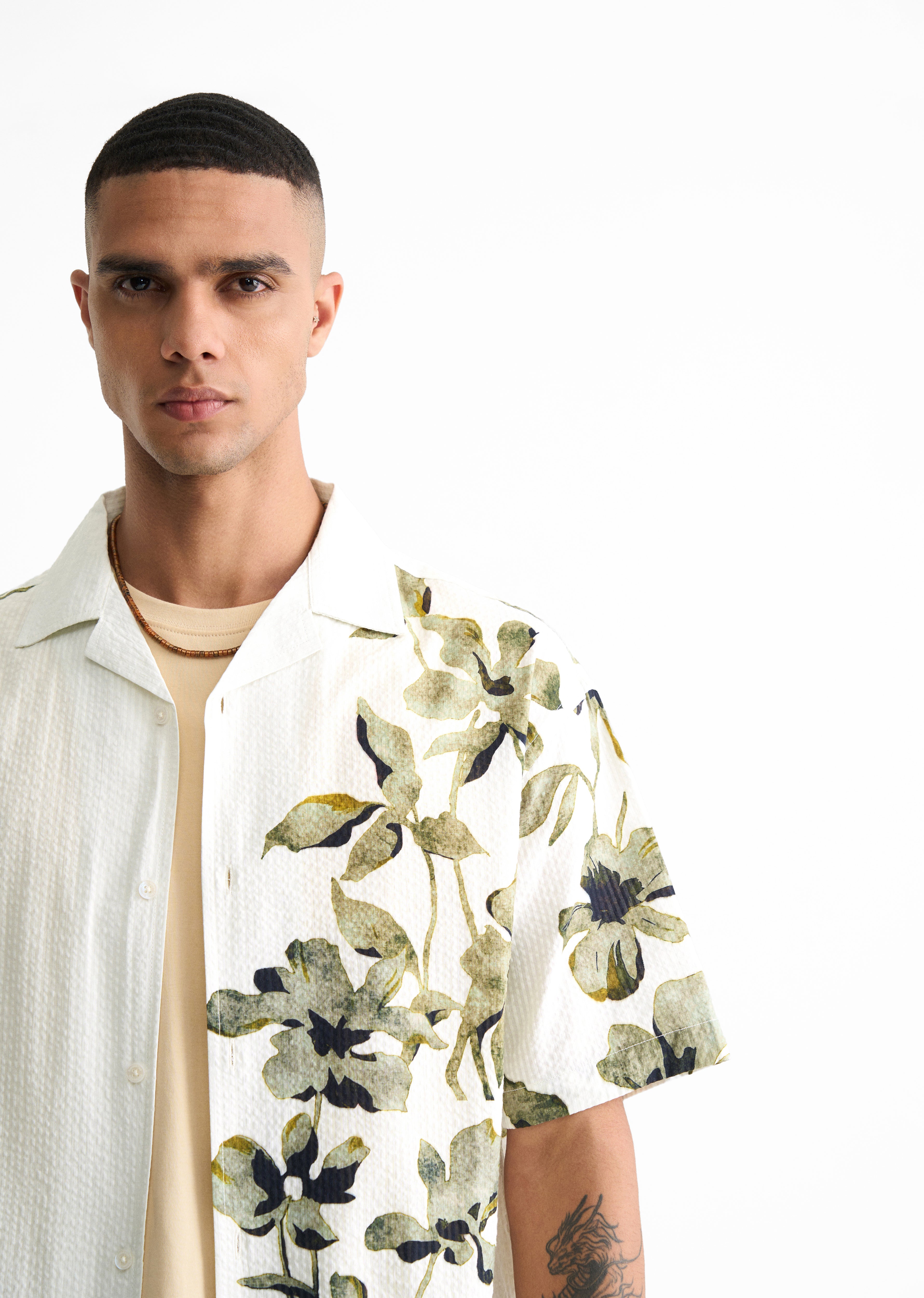 Green Textured Floral Print Boxy Shirt