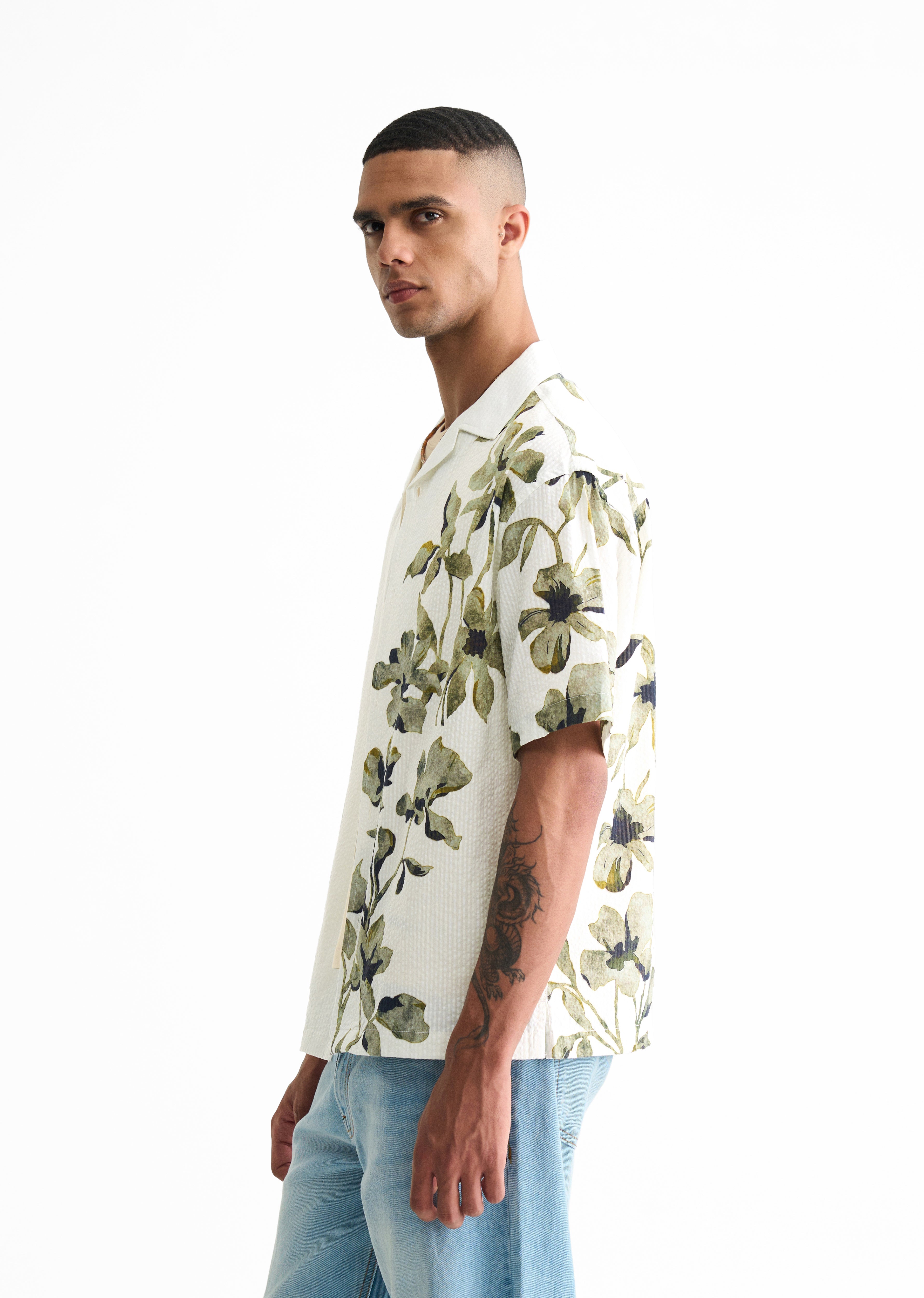 Green Textured Floral Print Boxy Shirt