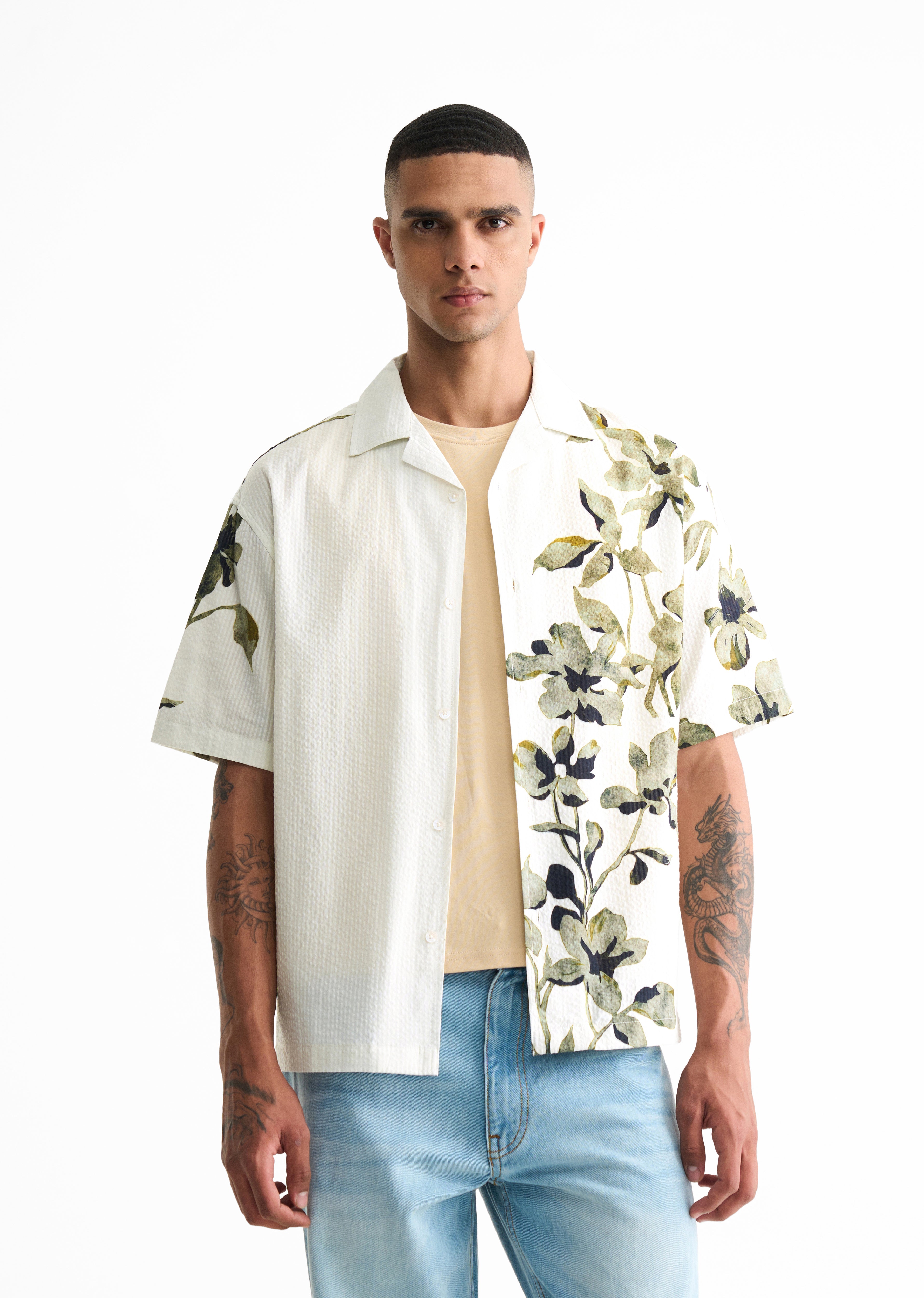 Green Textured Floral Print Boxy Shirt