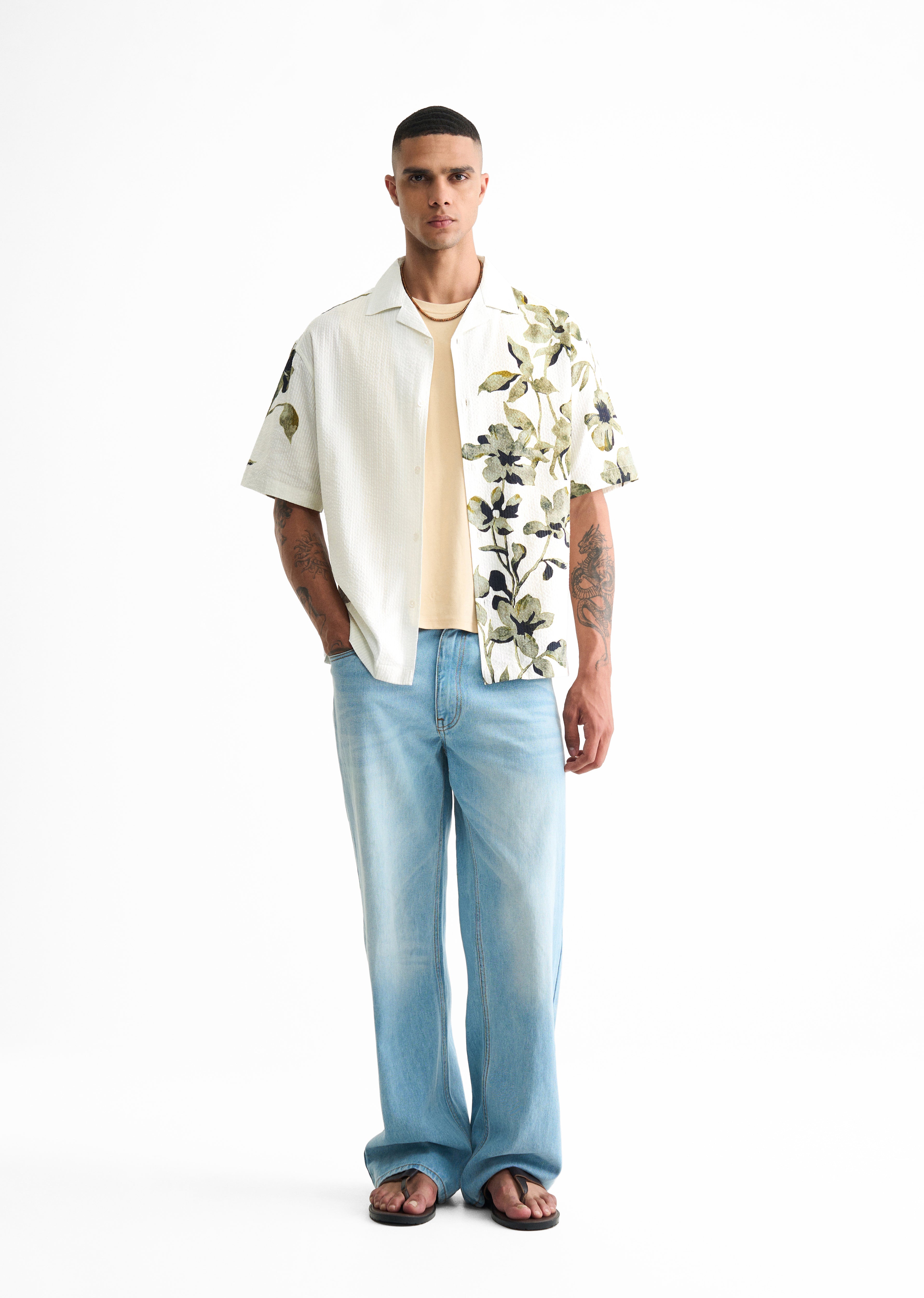 Green Textured Floral Print Boxy Shirt