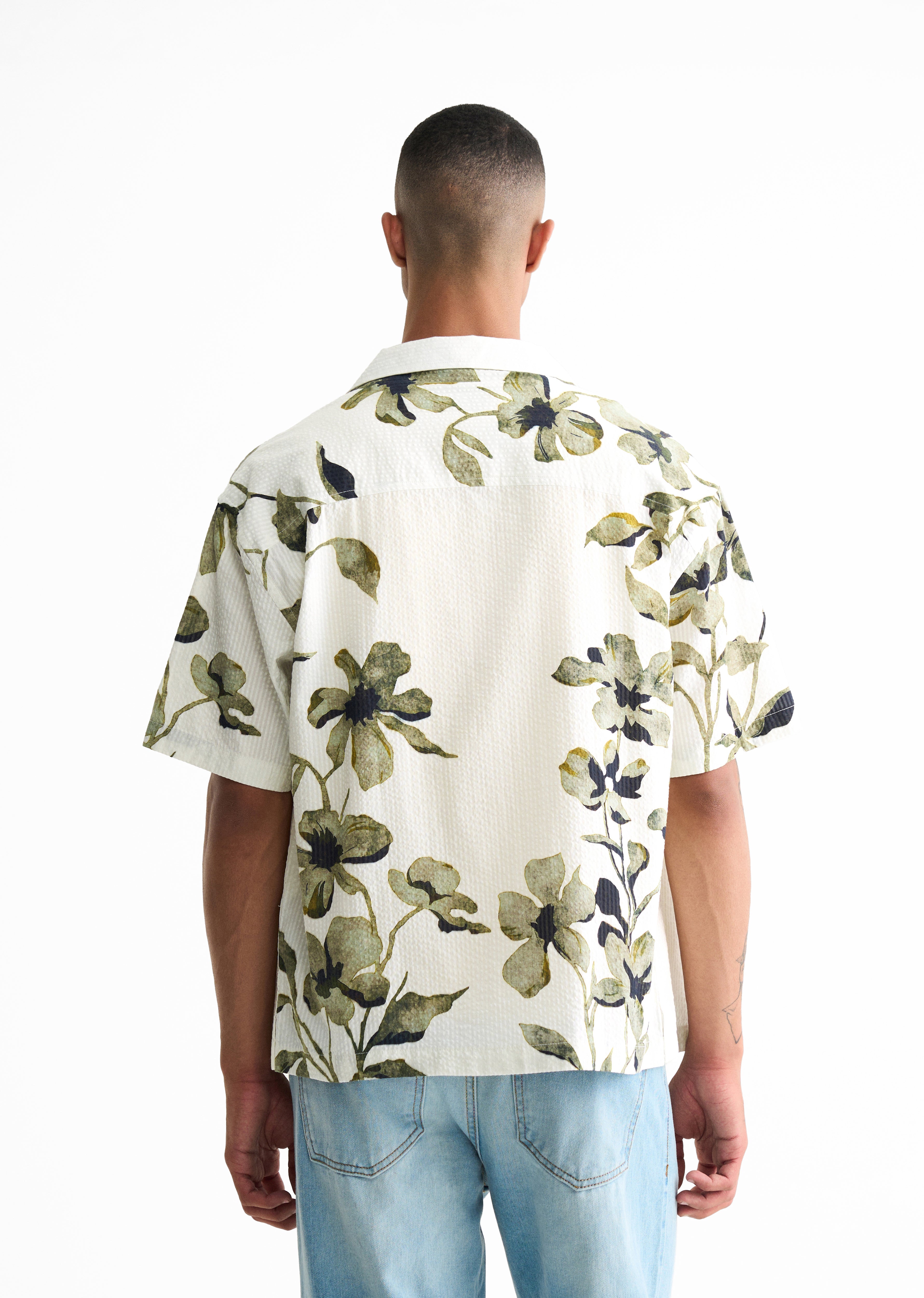 Green Textured Floral Print Boxy Shirt