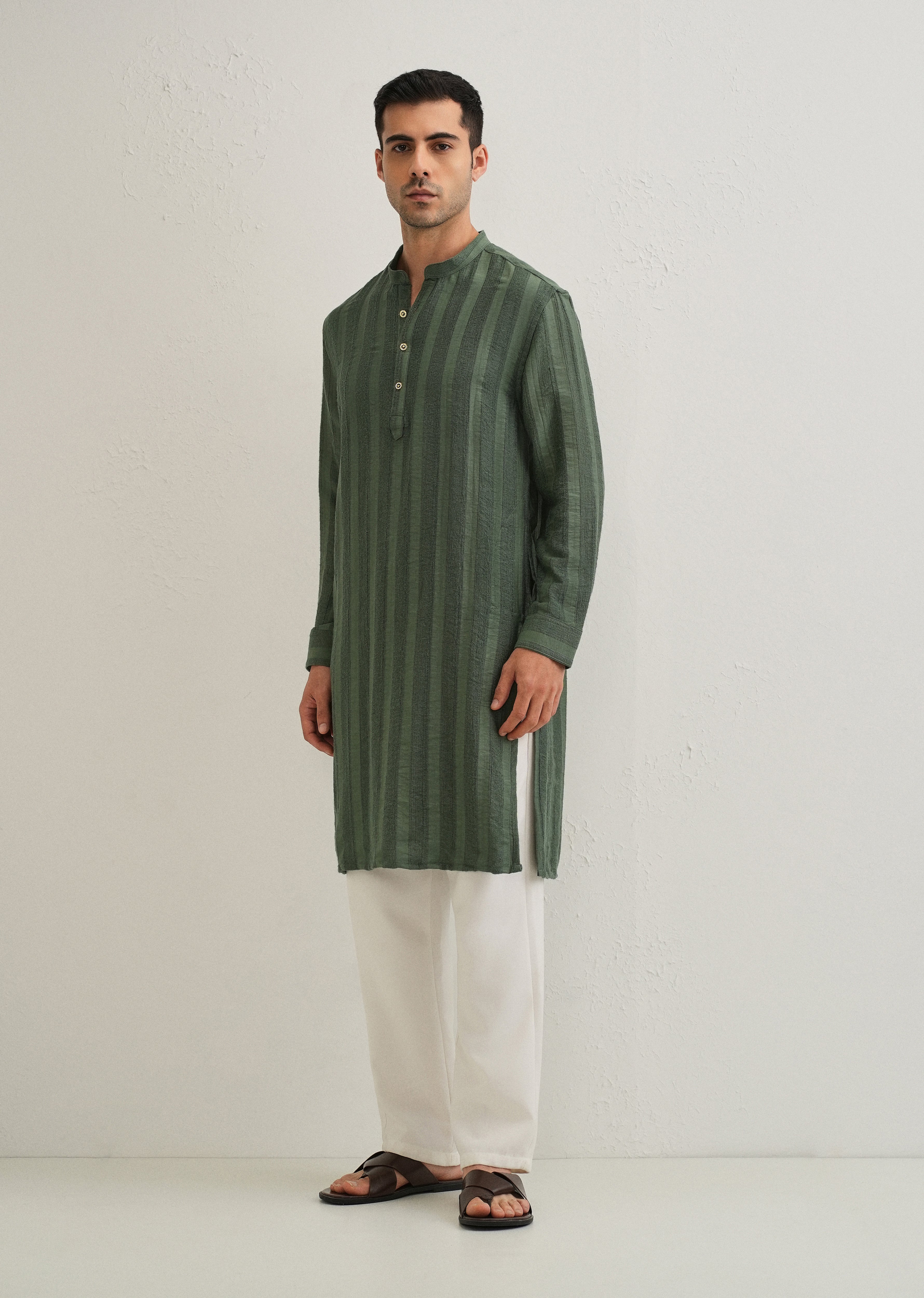 Green Textured Vertical Stripe Kurta