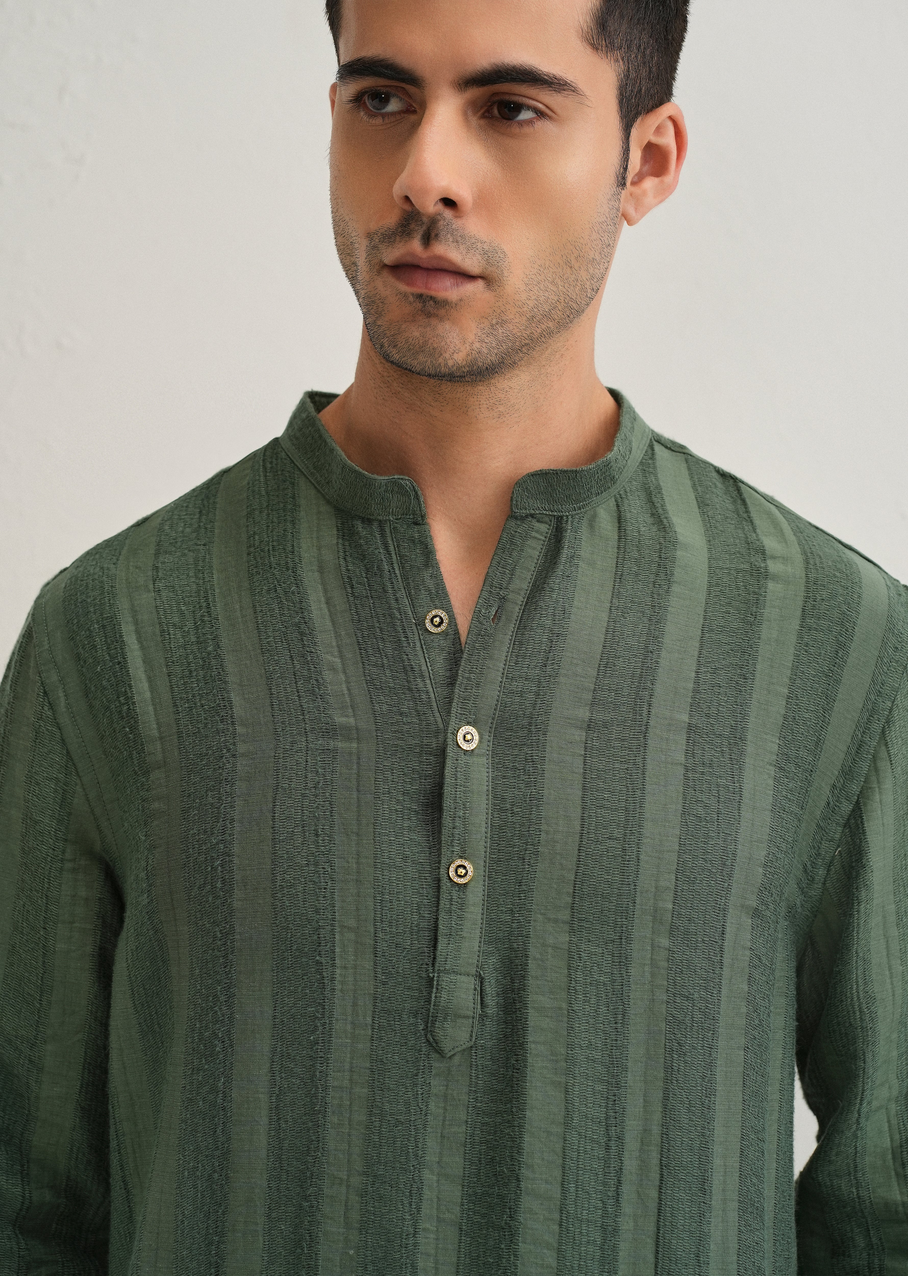 Green Textured Vertical Stripe Kurta