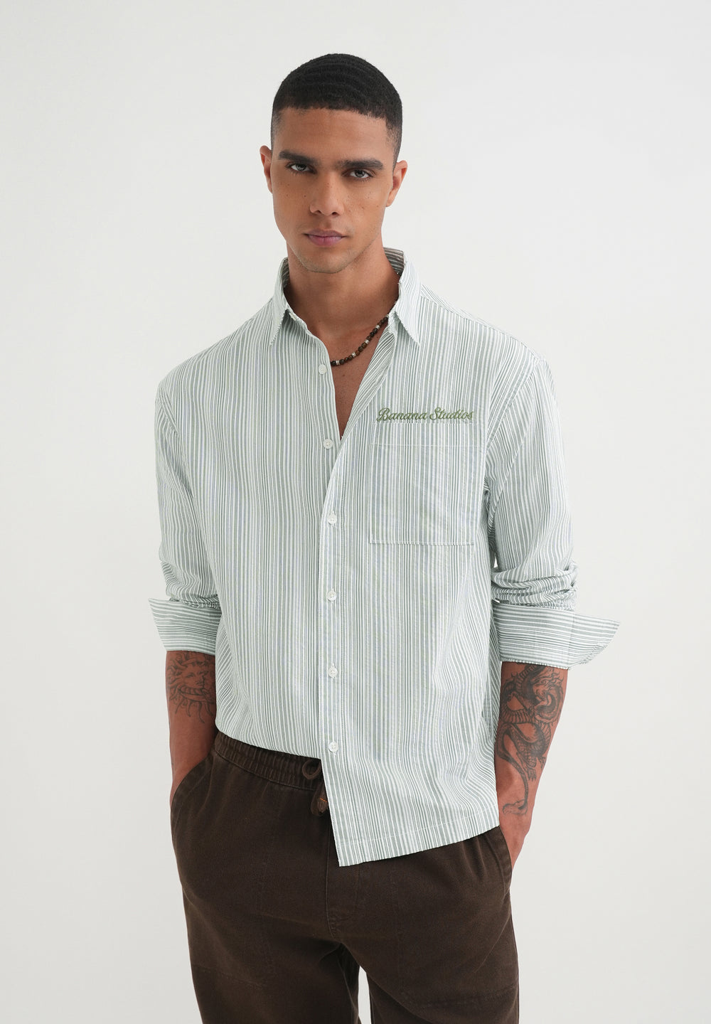 Green Textured Vertical Stripe Shirt