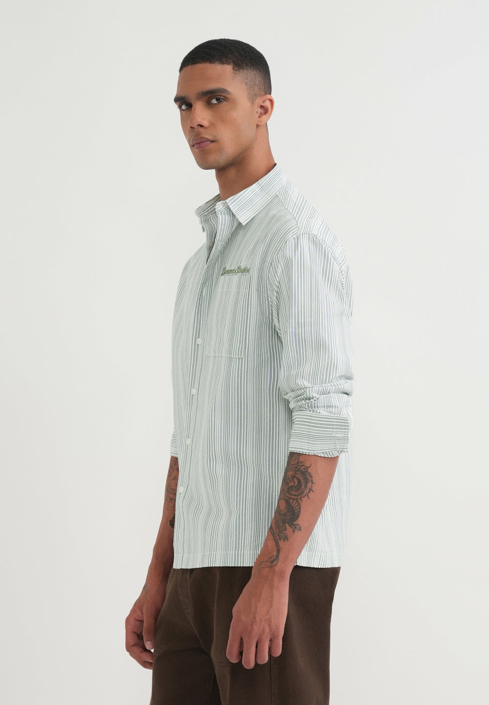 Green Textured Vertical Stripe Shirt