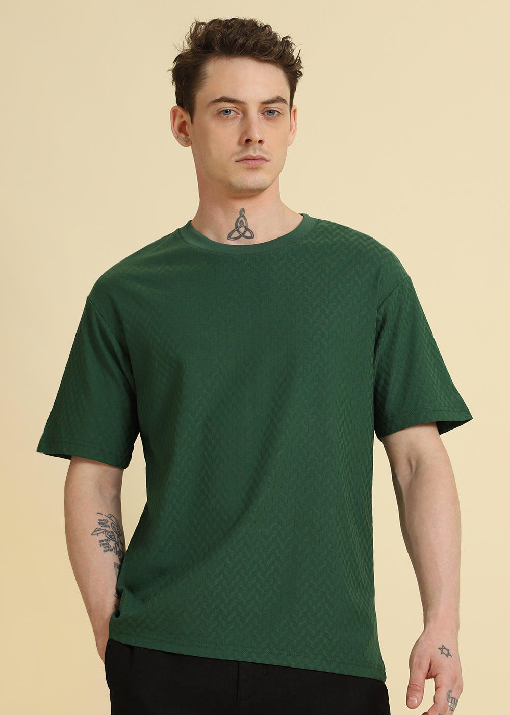 Green Textured Weave Oversized T-shirt