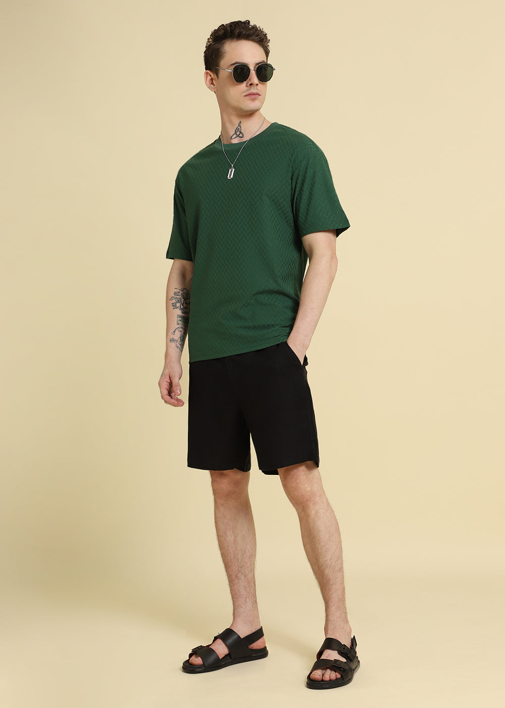 Green Textured Weave Oversized T-shirt