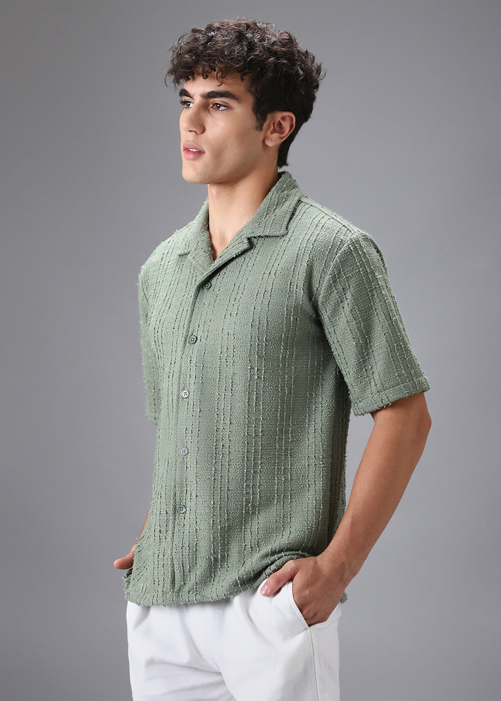 Green Cuban Collar Knitted Shirt