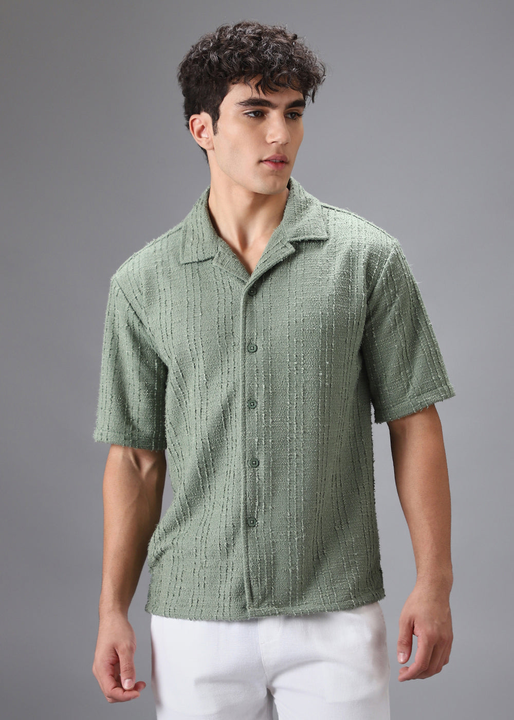 Green Cuban Collar Knitted Shirt